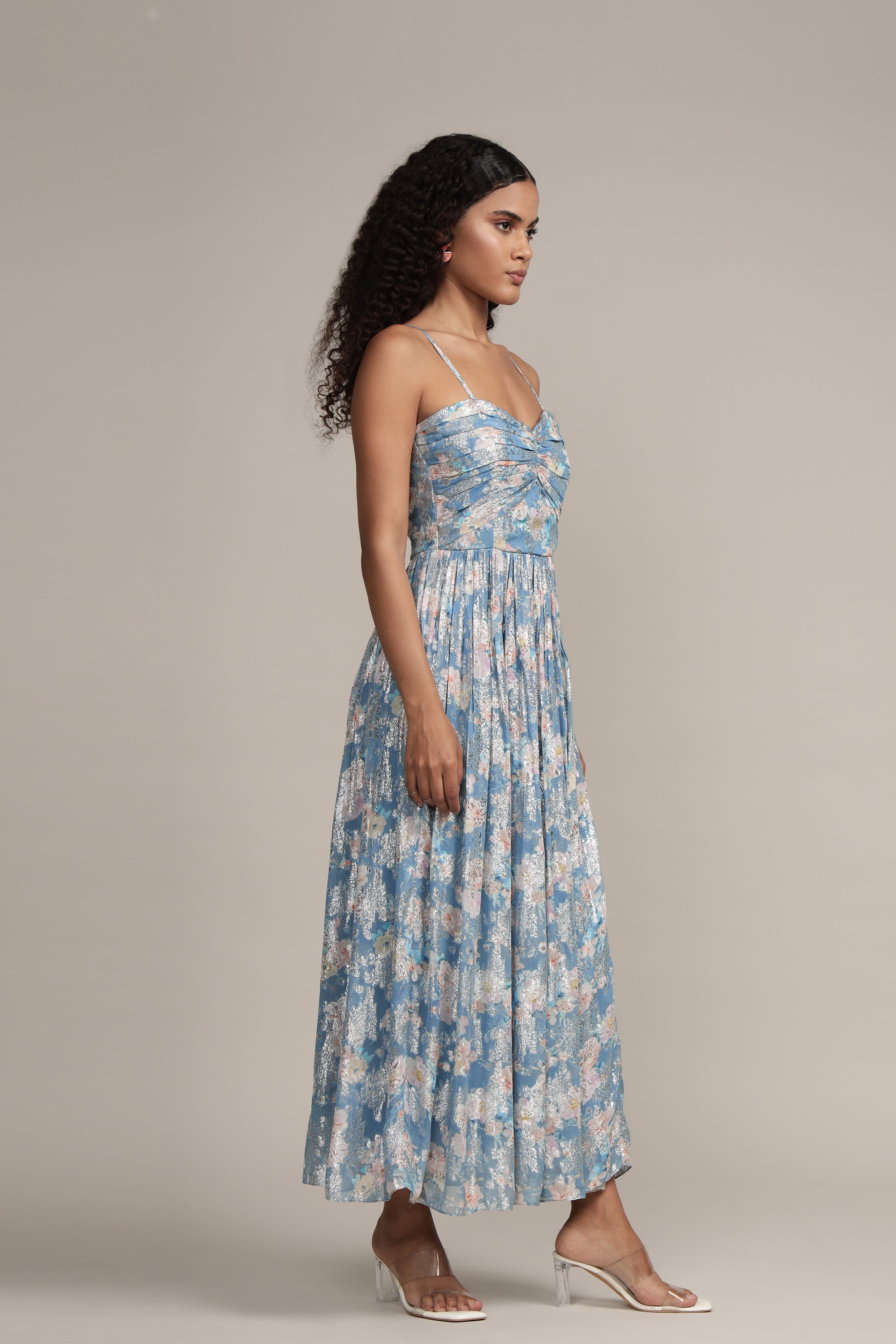 Nelex Metallic Printed Midi Dress in Blue
