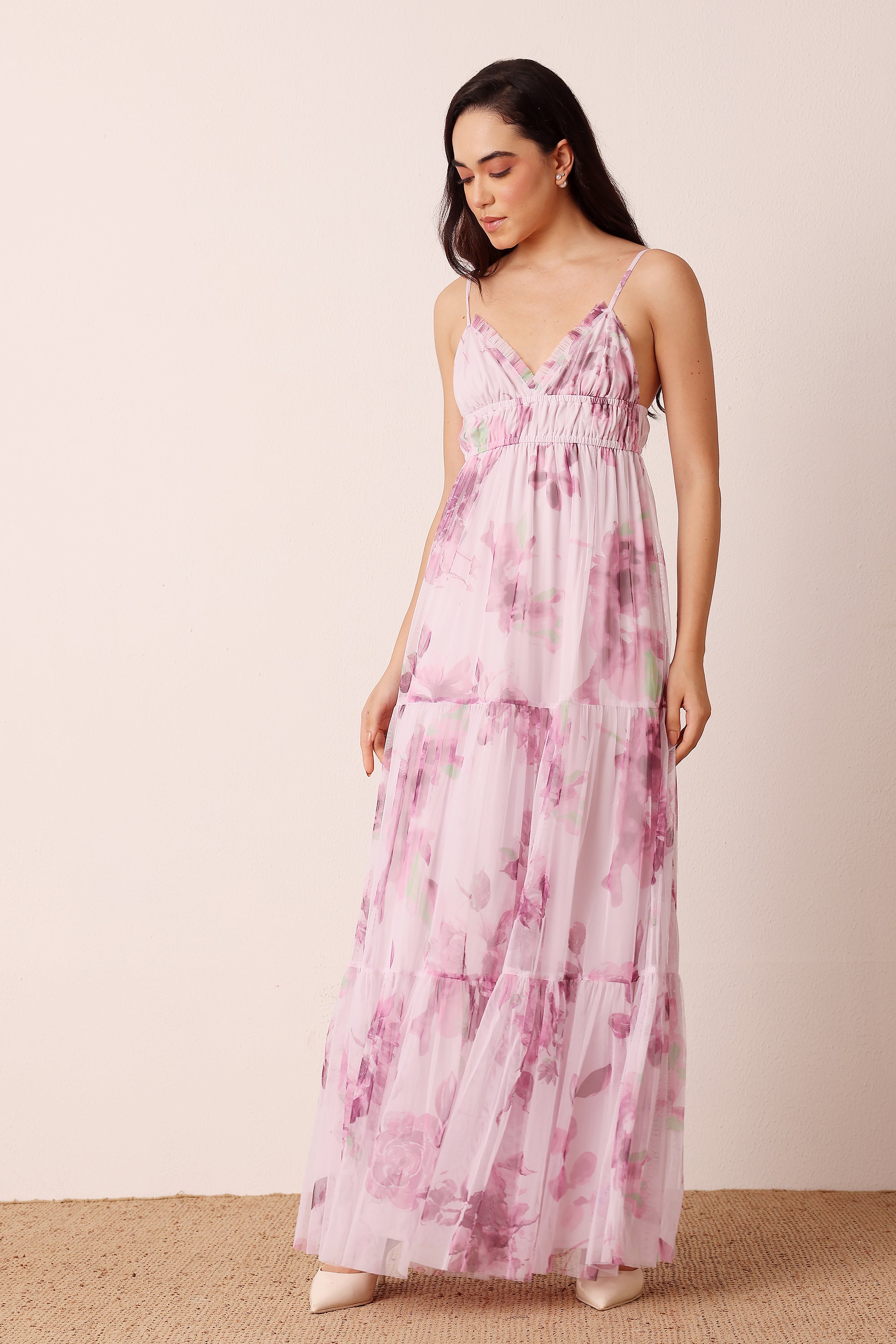 Strappy holiday vacation pink purple floral empire waist maxi dress