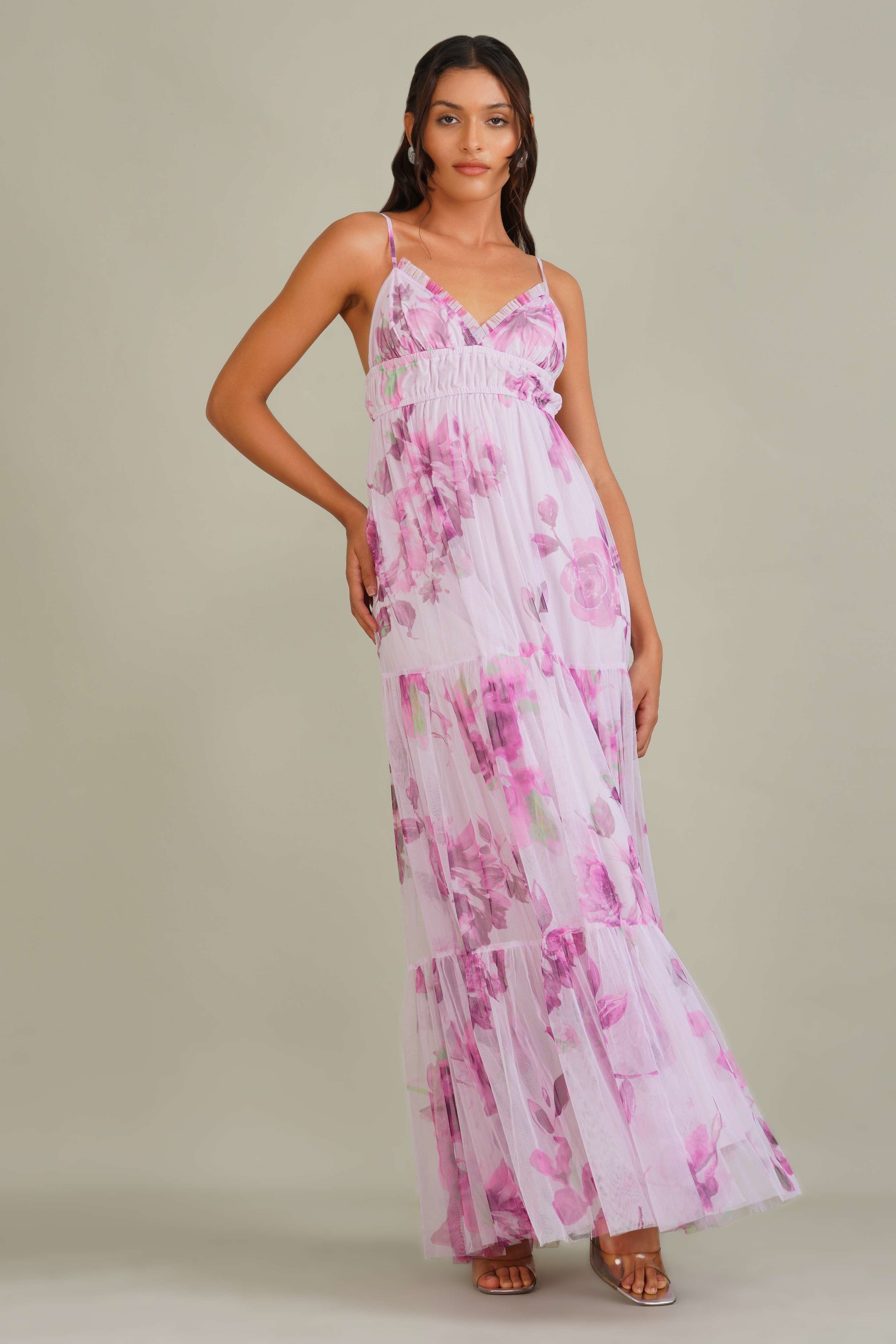 Strappy holiday vacation pink purple floral empire waist maxi dress tulle mesh