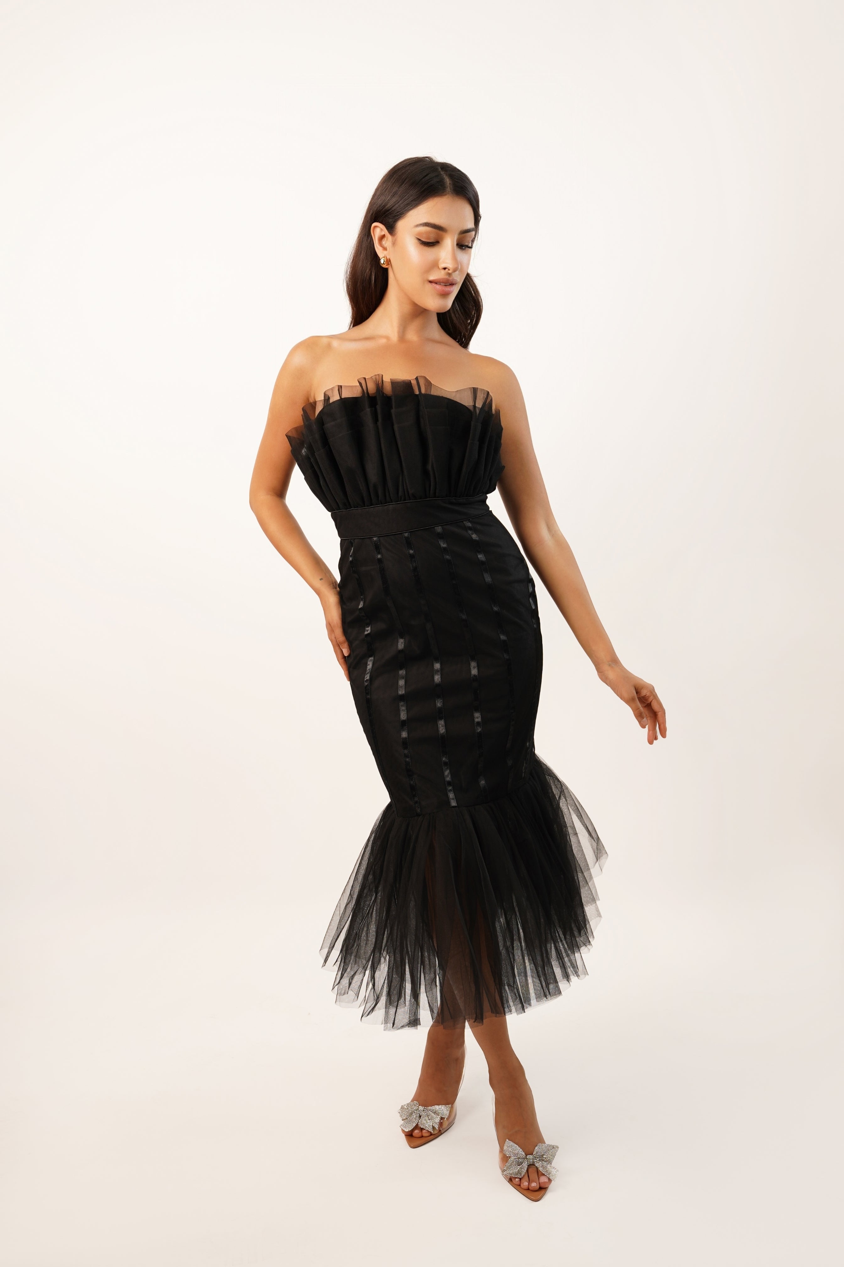 Nero Black Strapless Midi Dress Lace & Beads Nero Black Strapless Midi Dress Lace & Beads