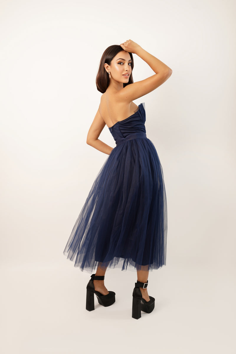 Nimo Dark Blue Tulle Midi Dress with Shell Cups