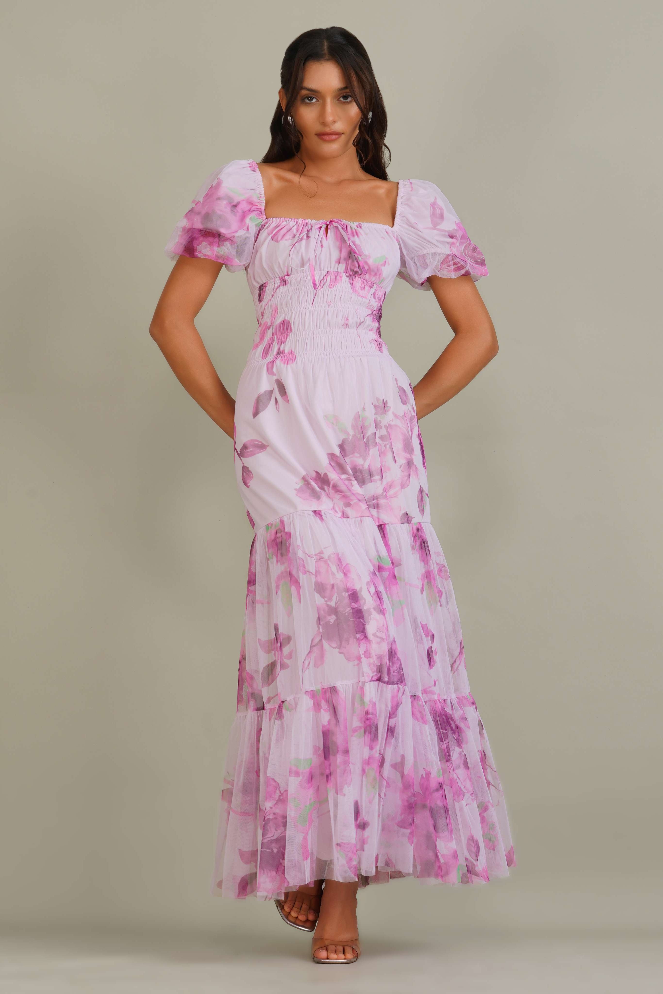 Noore Maxi Dress in Purple Floral – Lace & Beads
