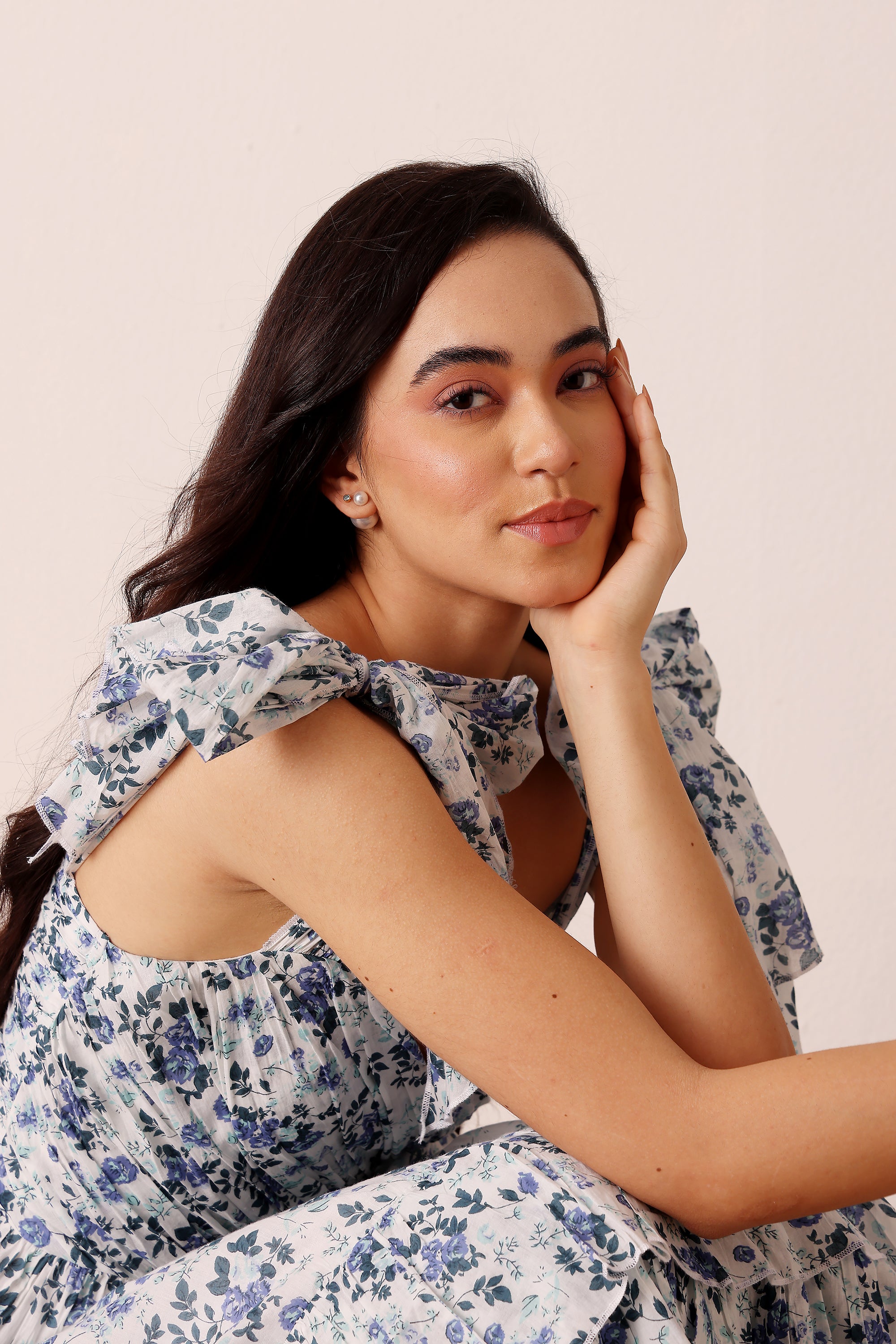 Ollie Cotton Midi Dress in Blue White Floral