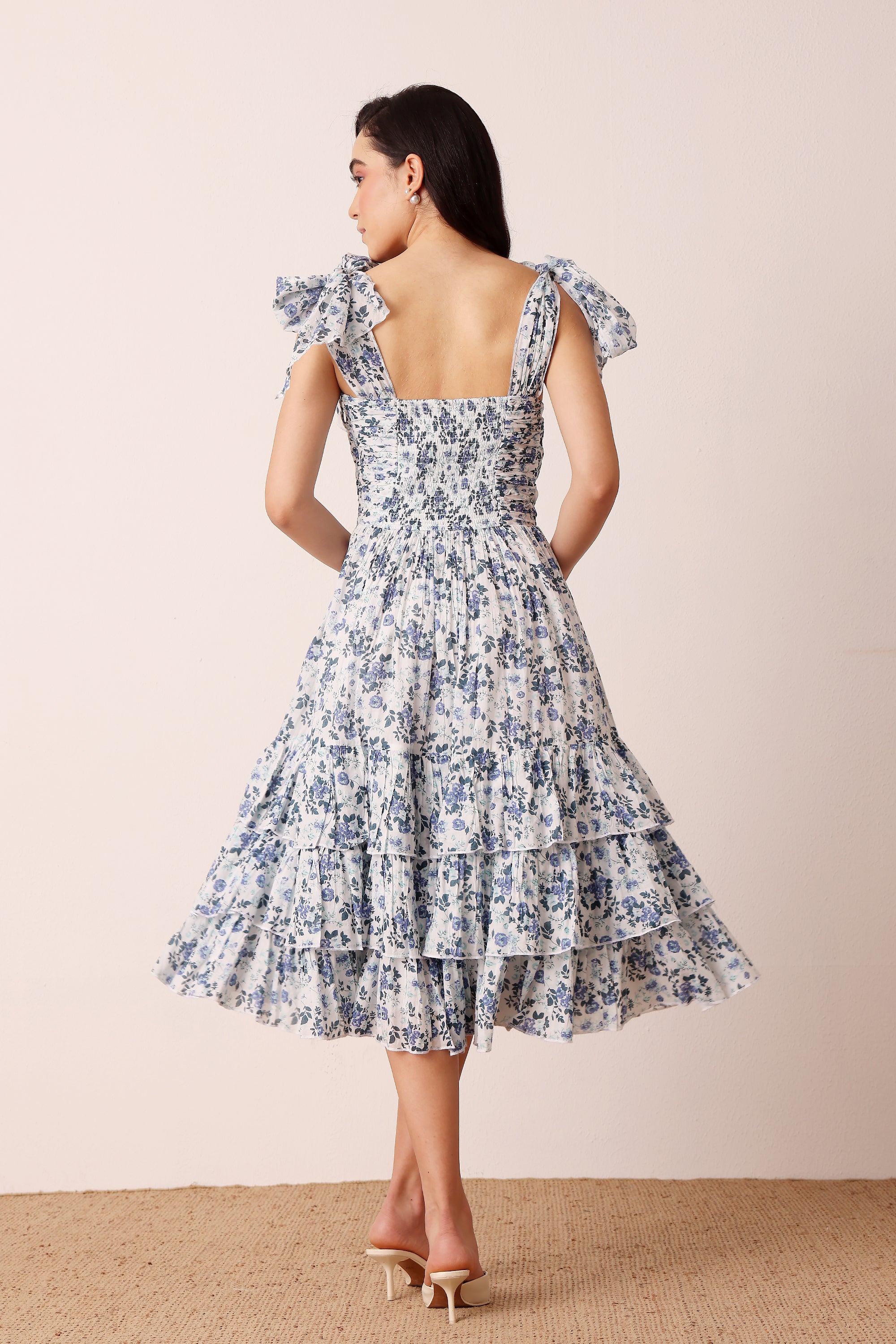 Ollie Cotton Midi Dress in Blue White Floral