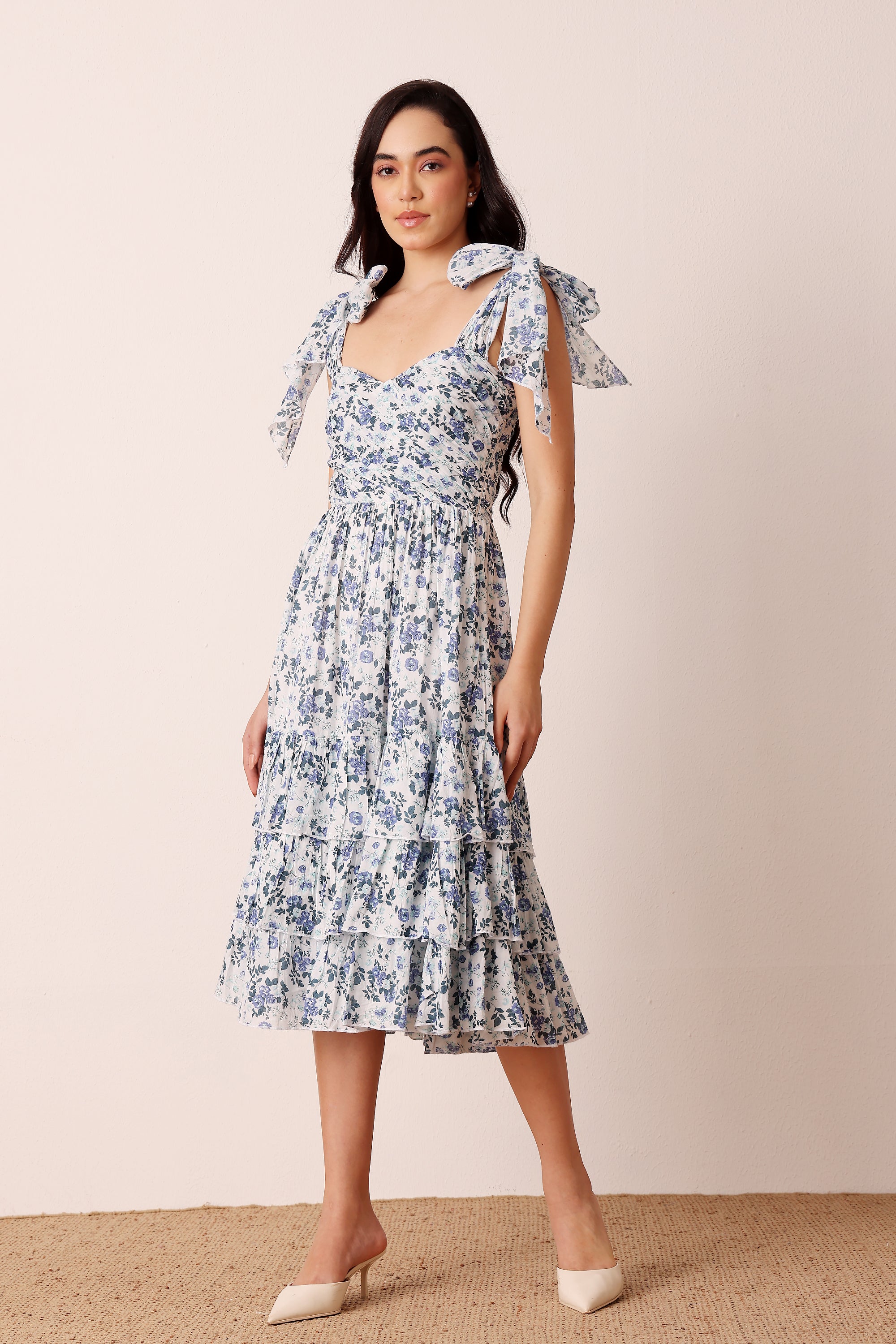 Bow shoulder sweetheart neckline cotton midi dress blue white floral