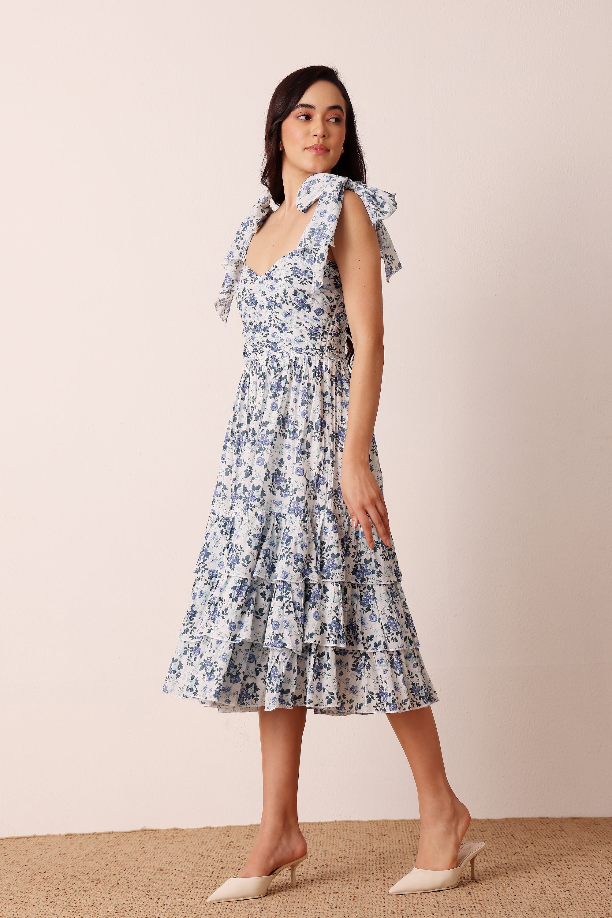 Ollie Cotton Midi Dress in Blue White Floral
