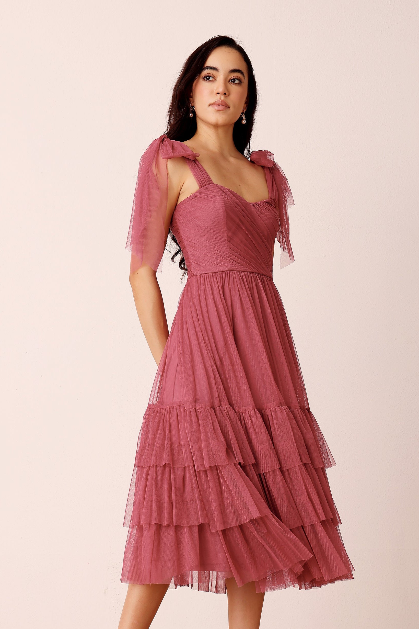 Soft Tulle Orchid Pink Purple Mauve Tiered Bow Tie Sleevless Midi Bridesmaid Dress