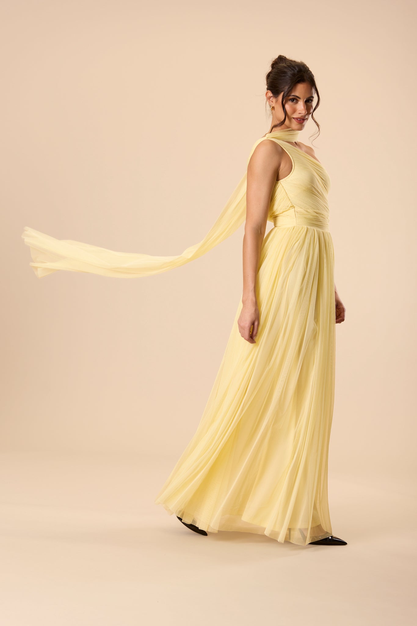 One Shoulder Tulle Maxi Dress in Buttercup Yellow with Scarf