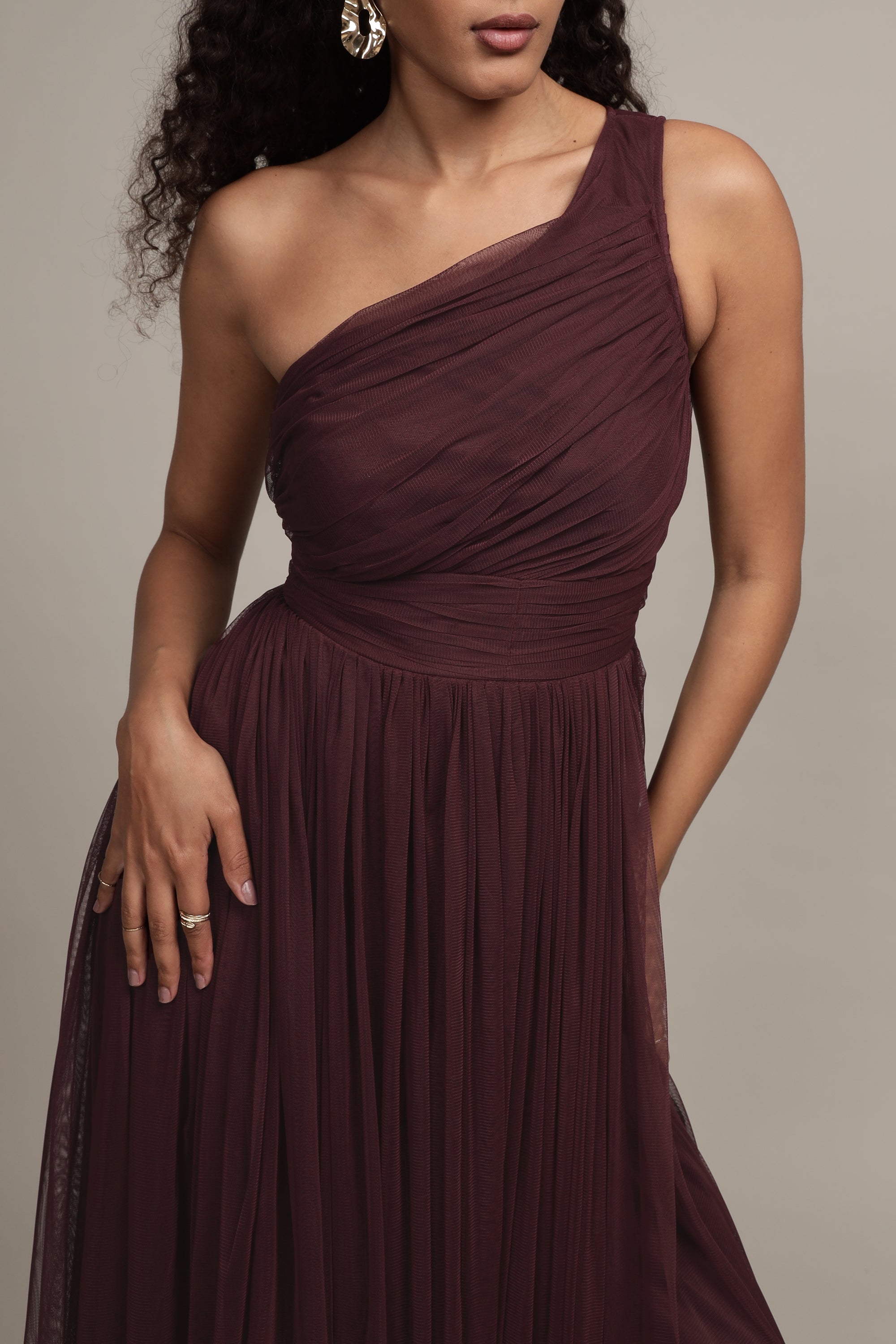 One Shoulder Tulle Maxi Dress in Plum