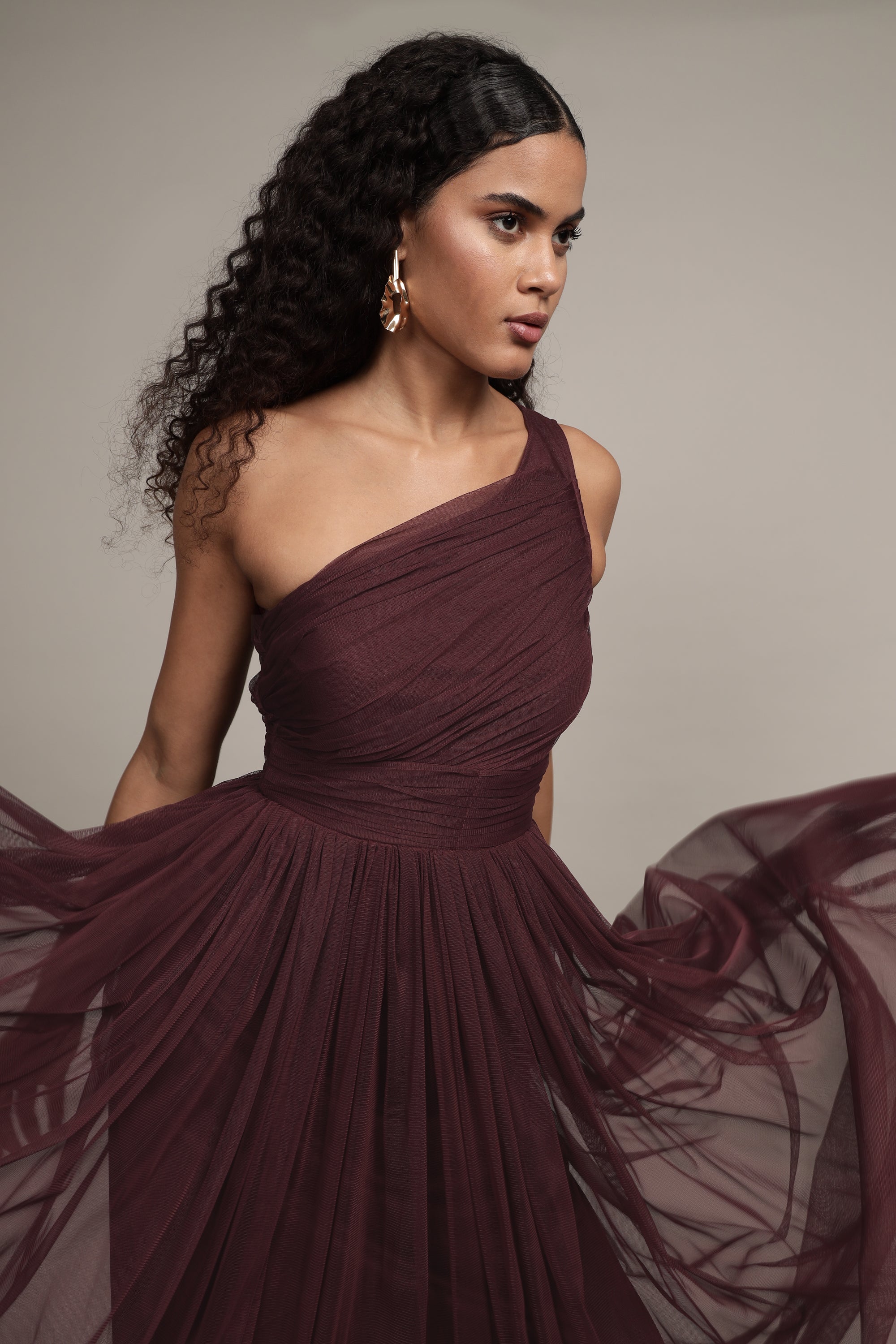 One Shoulder Tulle Maxi Dress in Plum