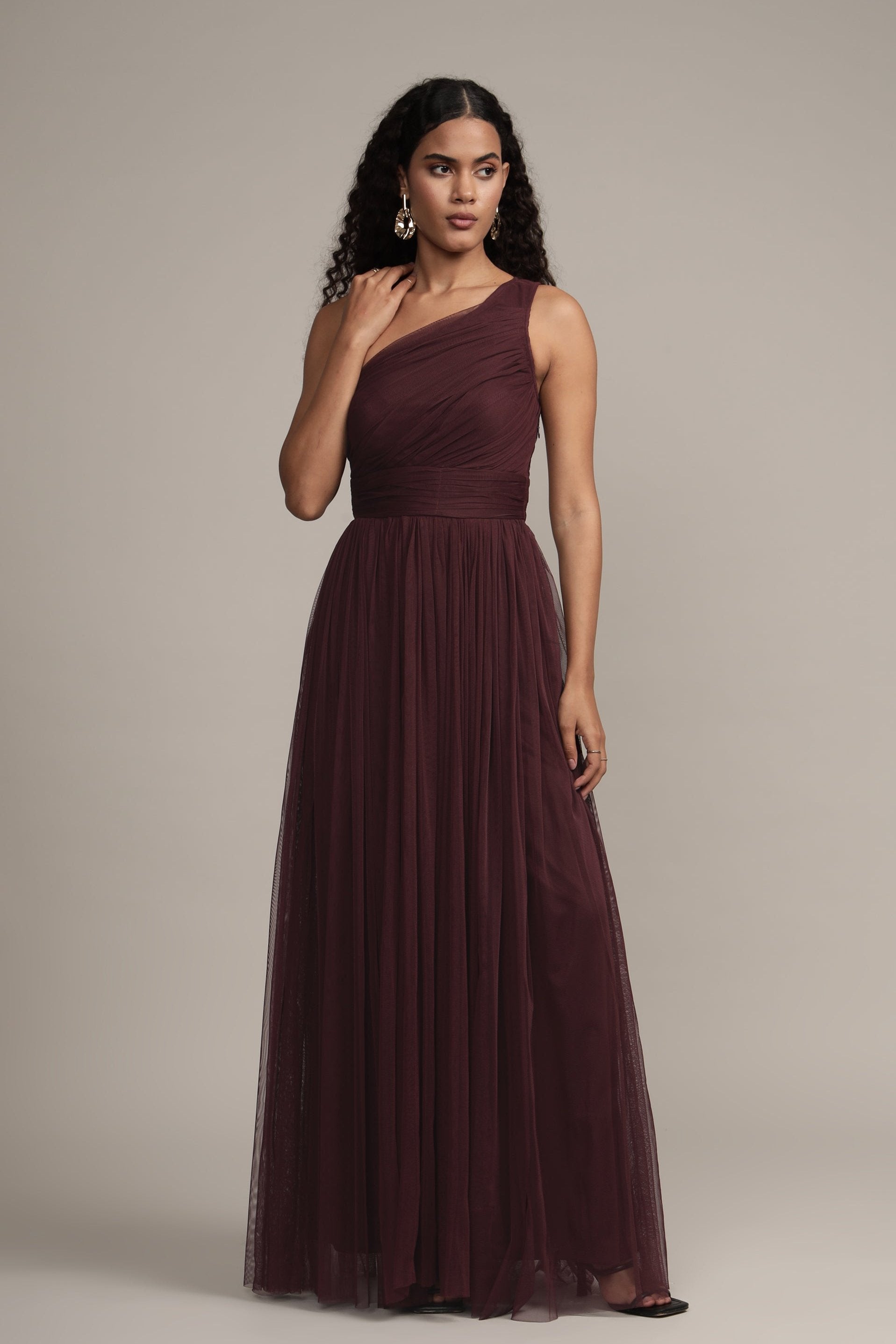 one shoulder maxi dress tulle purple a-line