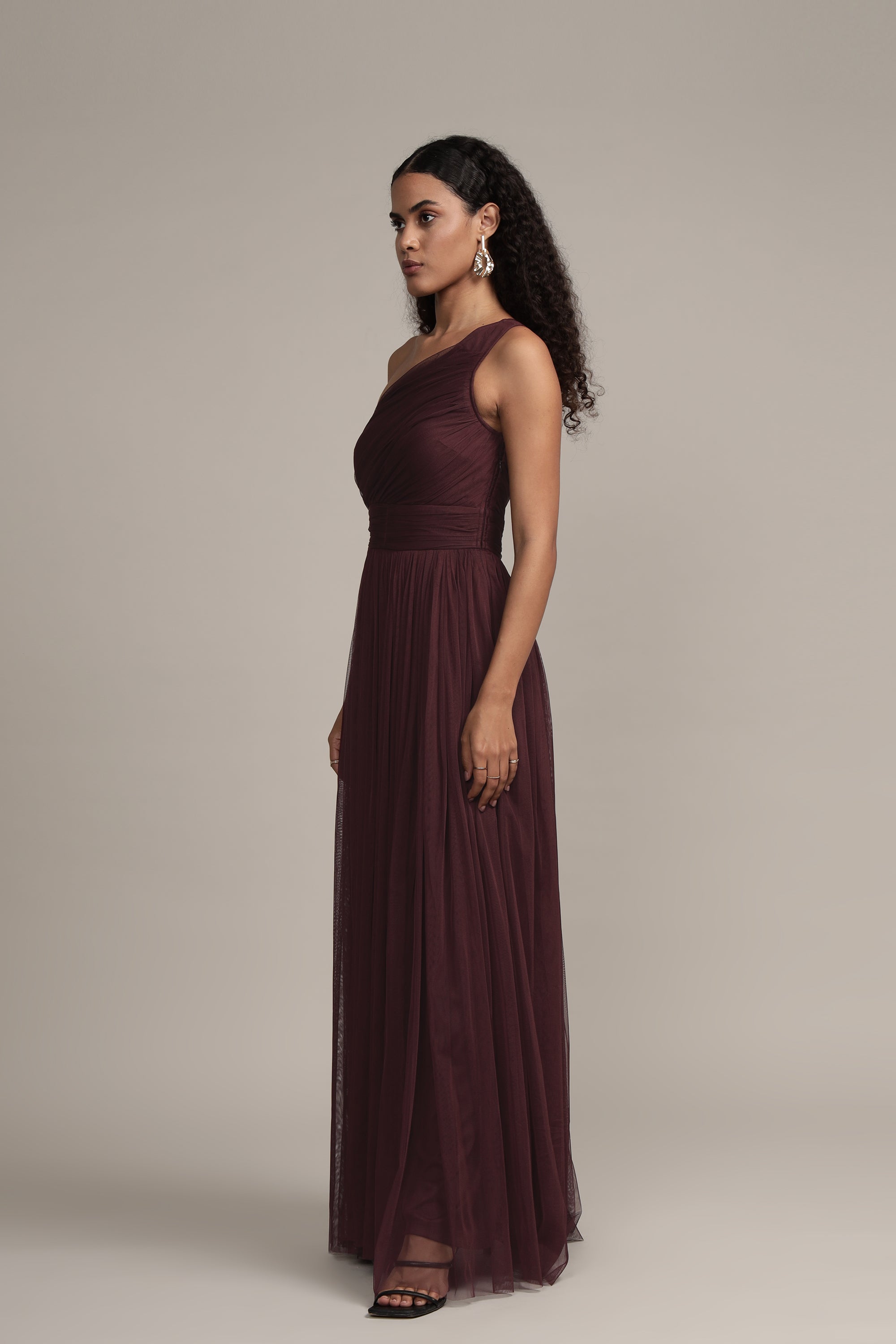 One Shoulder Tulle Maxi Dress in Plum