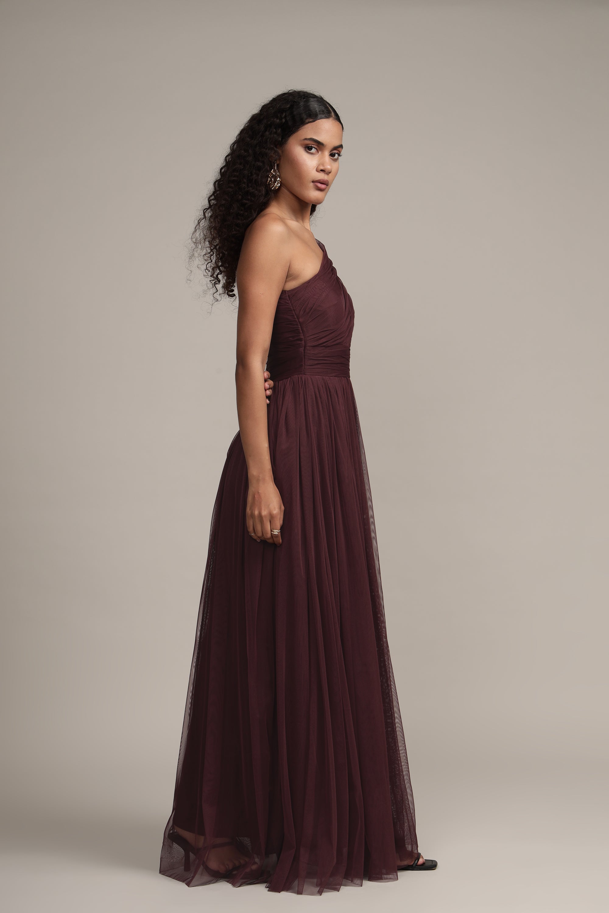 One Shoulder Tulle Maxi Dress in Plum