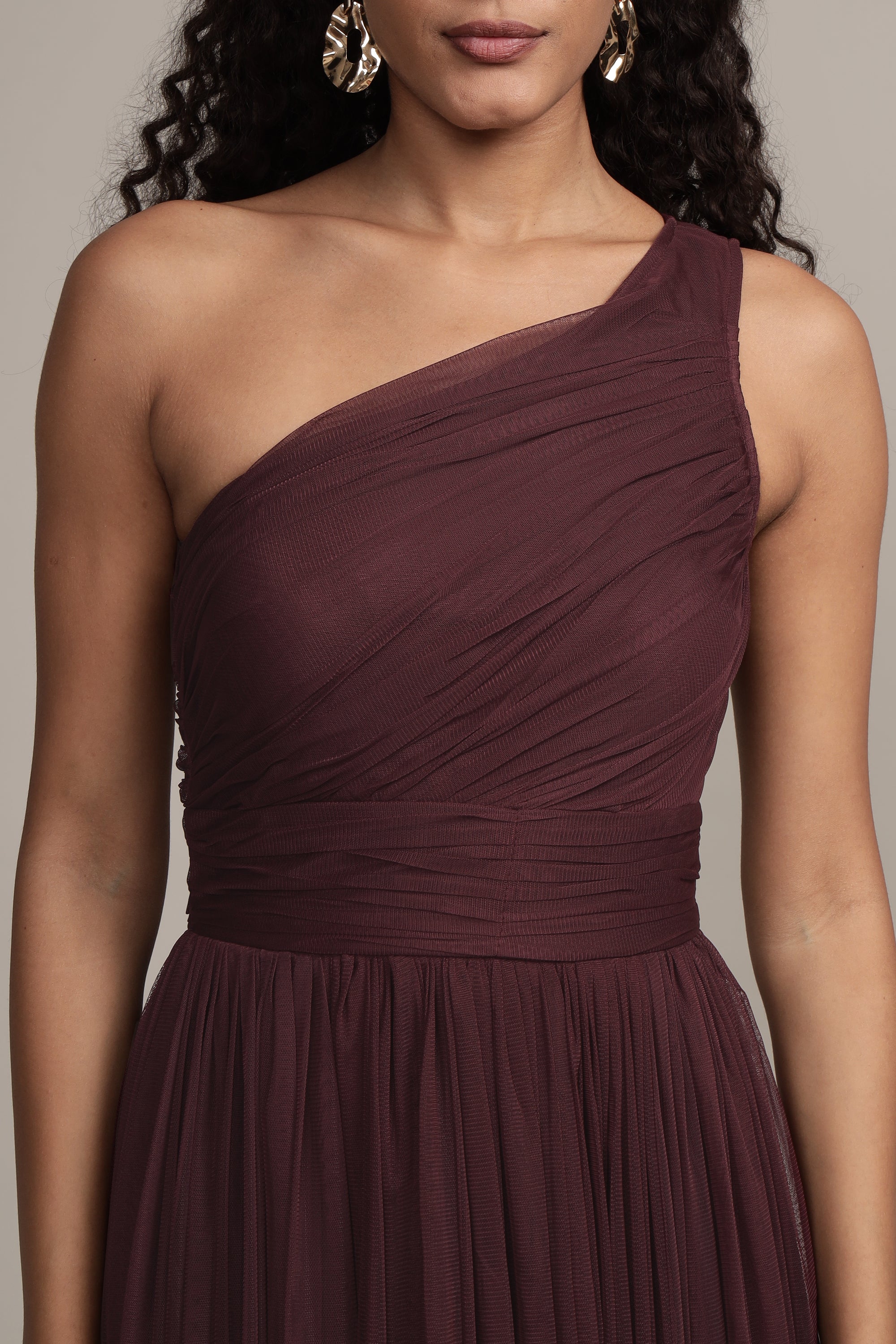 One Shoulder Tulle Maxi Dress in Plum