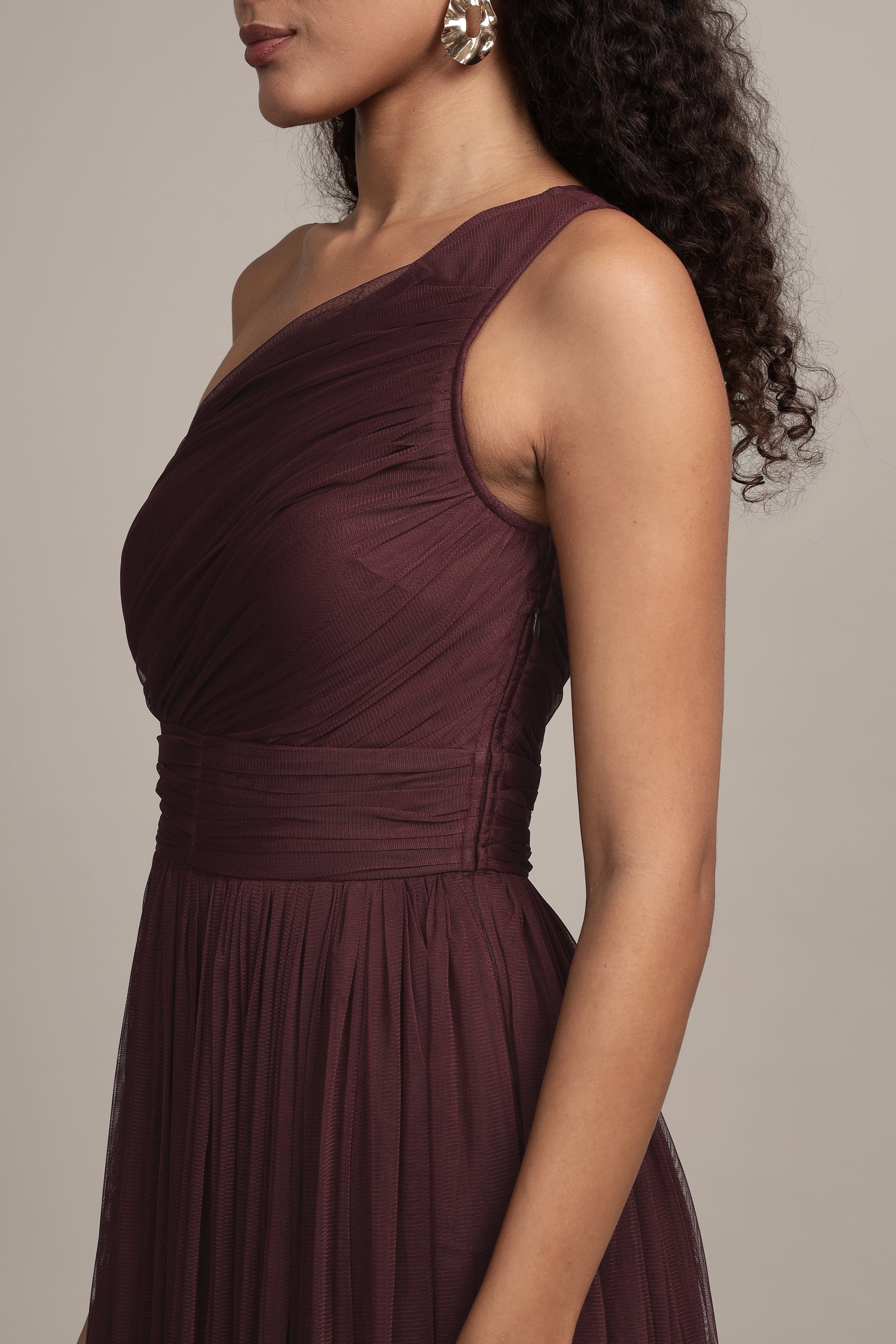 One Shoulder Tulle Maxi Dress in Plum