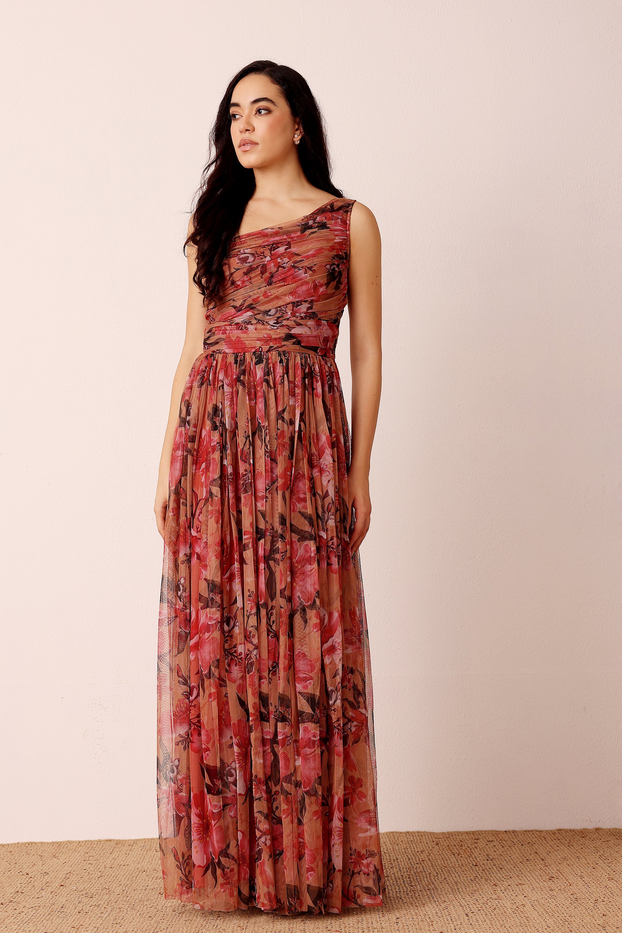 One Shoulder Maxi Dress in Red Rose Floral