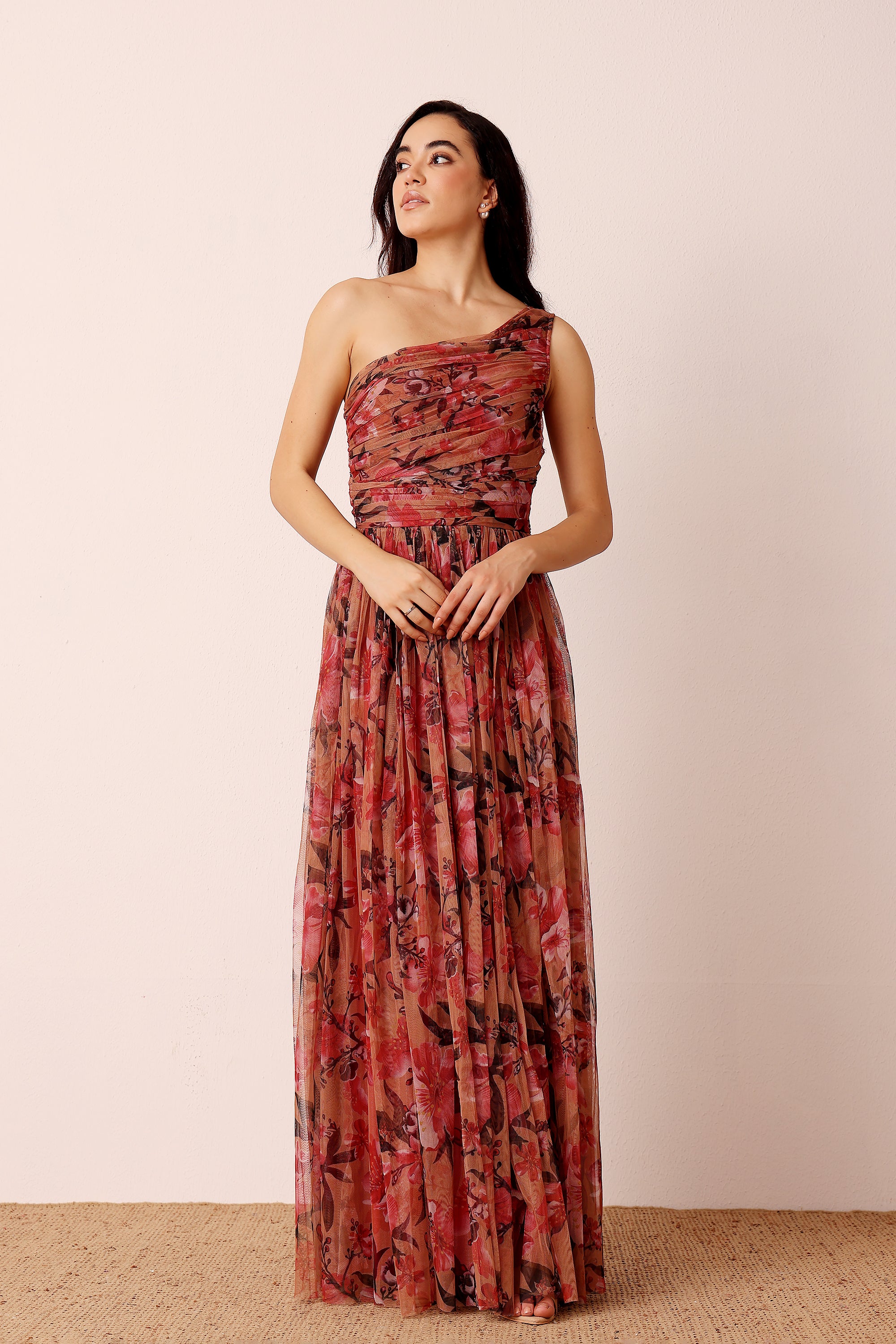 One Shoulder Maxi Dress in Red Rose Floral