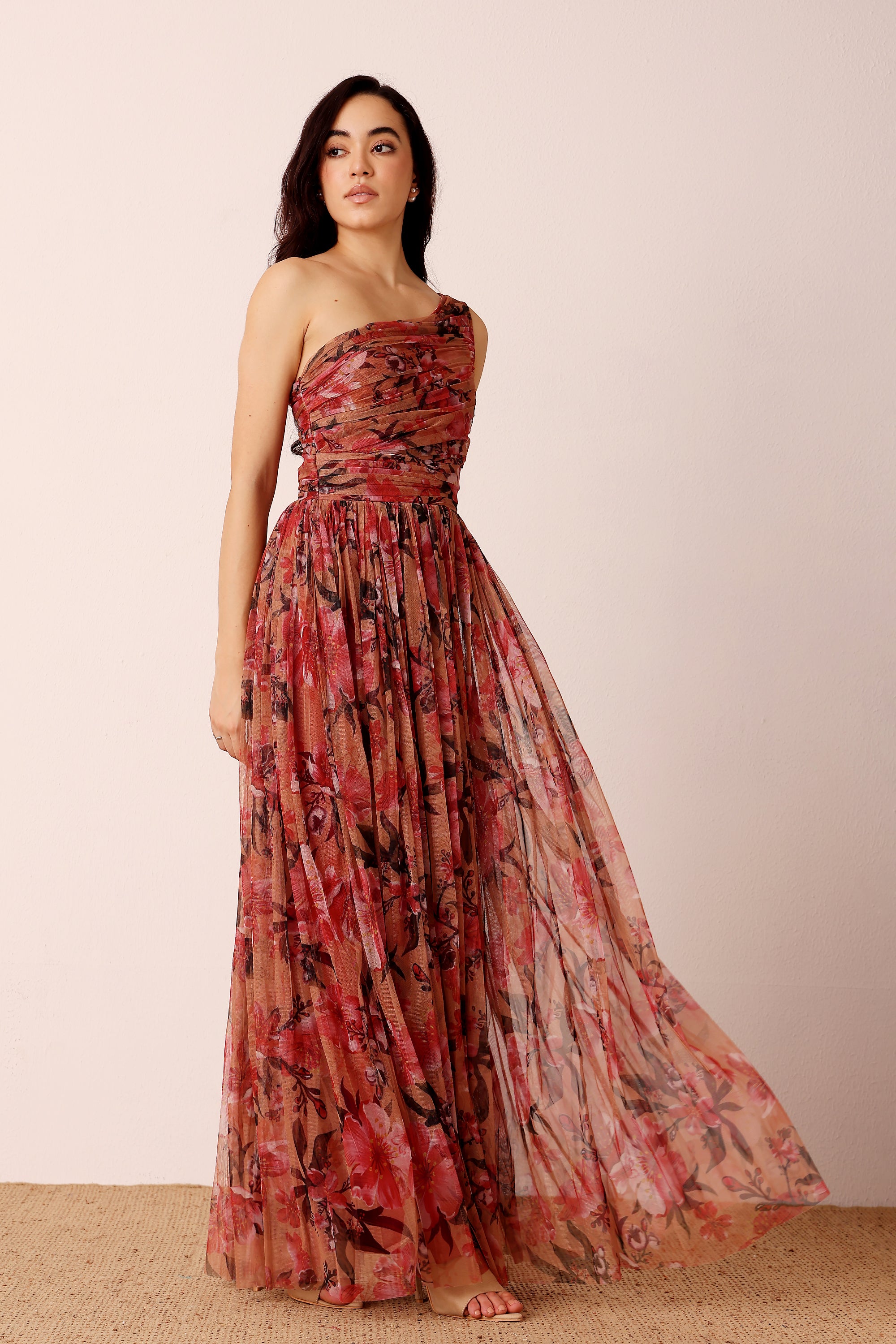 One Shoulder Maxi Dress in Red Rose Floral