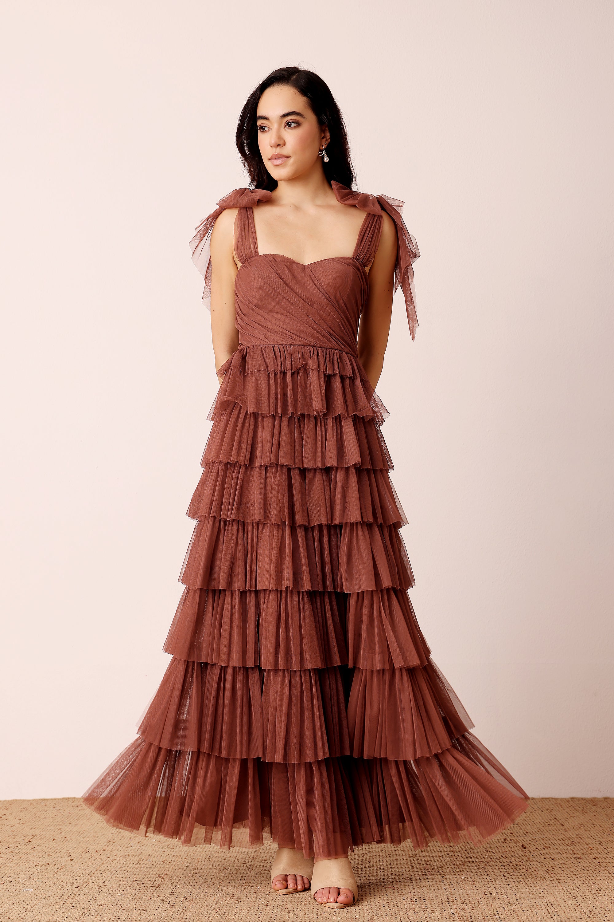 Bow-tie sweetheart layered skirt rose brown formal femme maxi dress