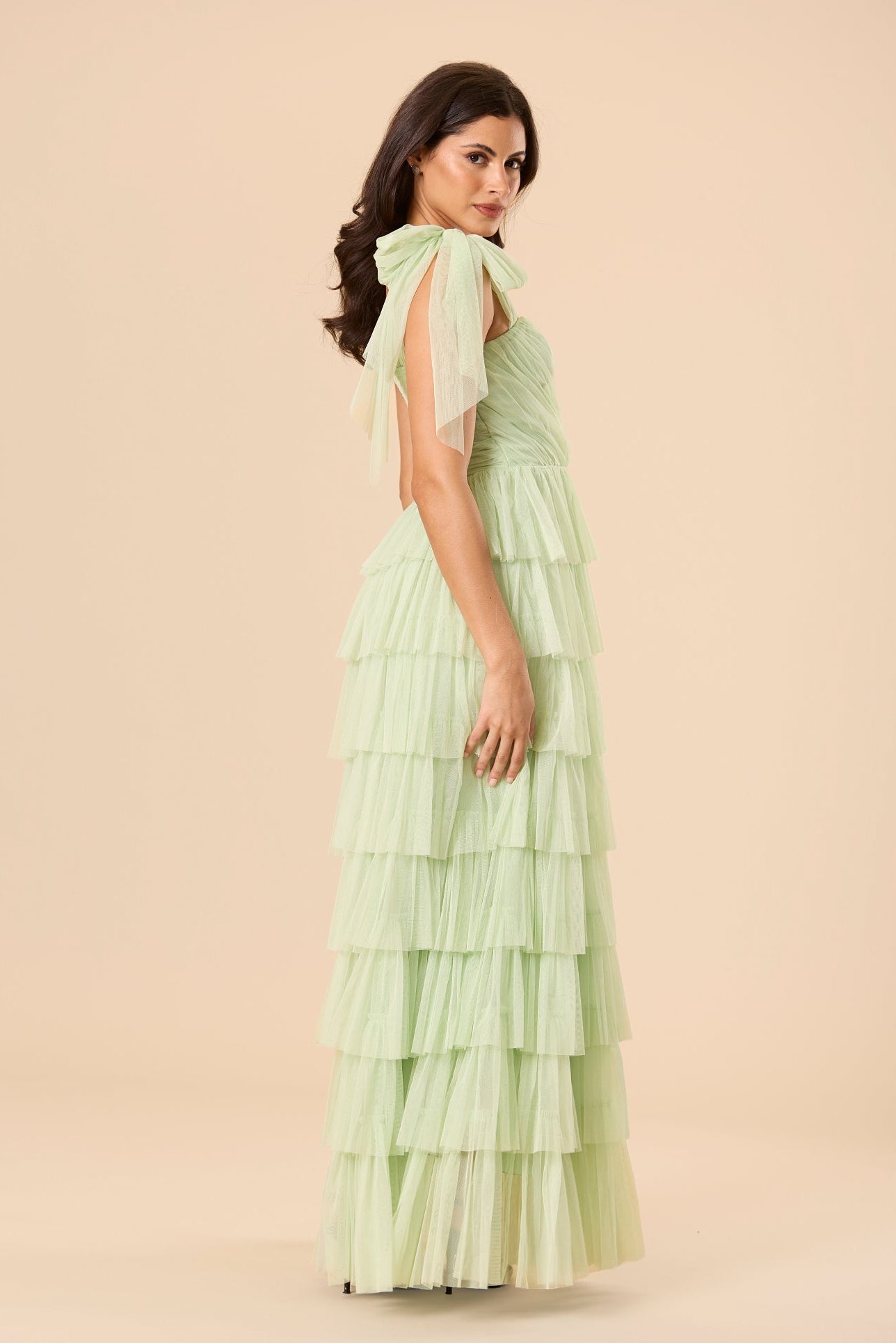 Bow shoulder sweetheart neckline mesh tulle formal bridesmaid green mint sage tirered maxi dress
