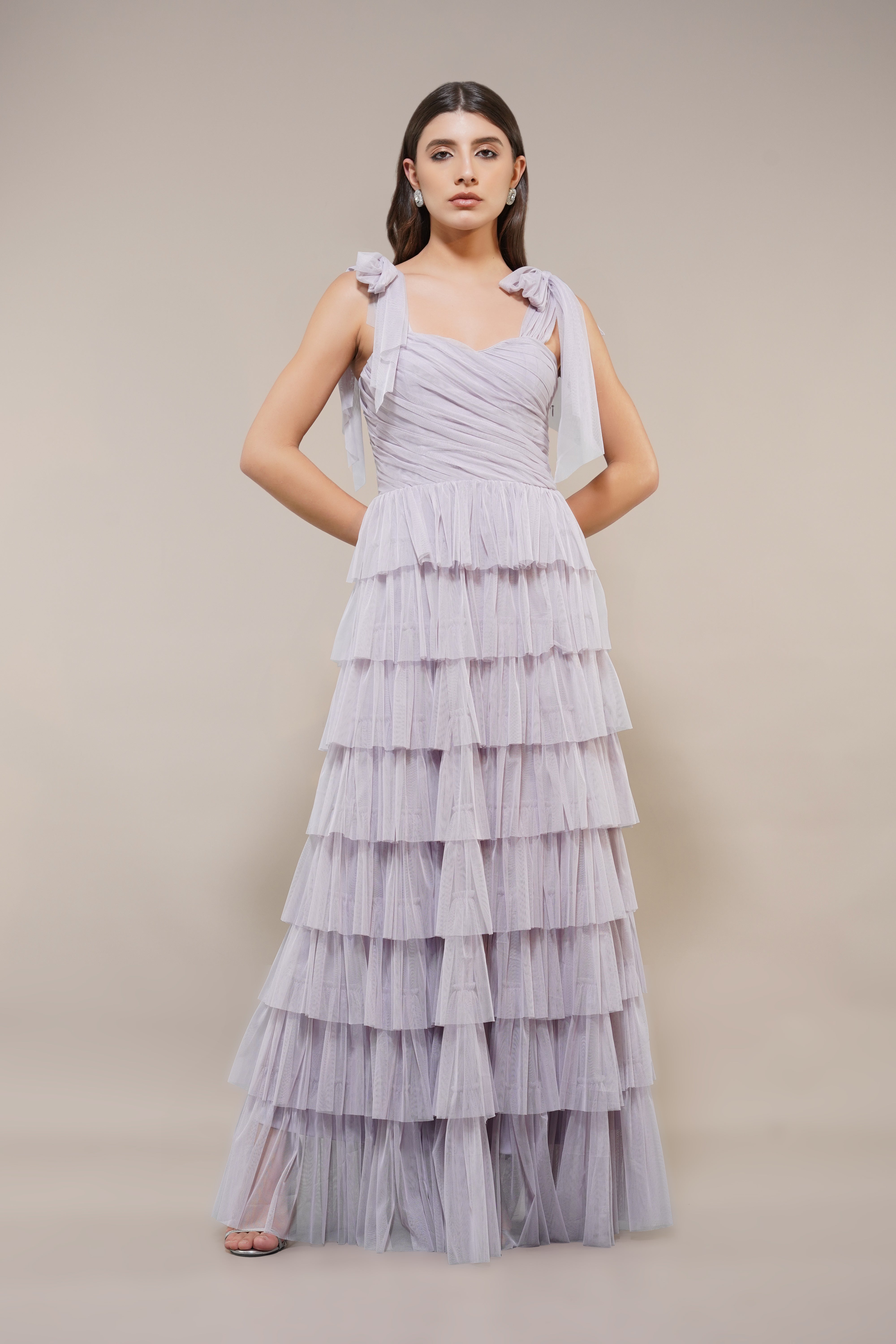 Bow shoulder maxi tiered dress wedding guest bridesmaid lilac
