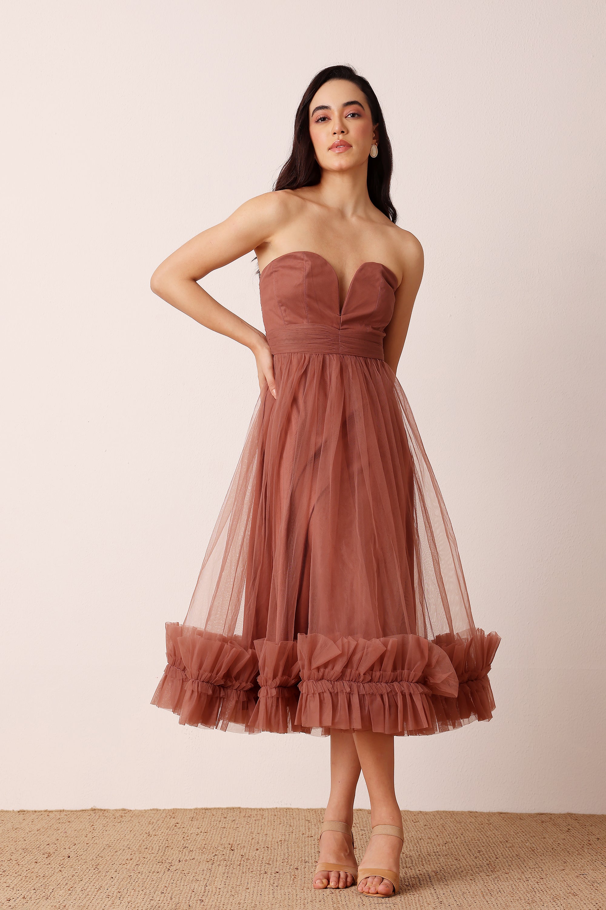 Strapless dramatic ruffle midi dress smocked back formal black tie rose brown