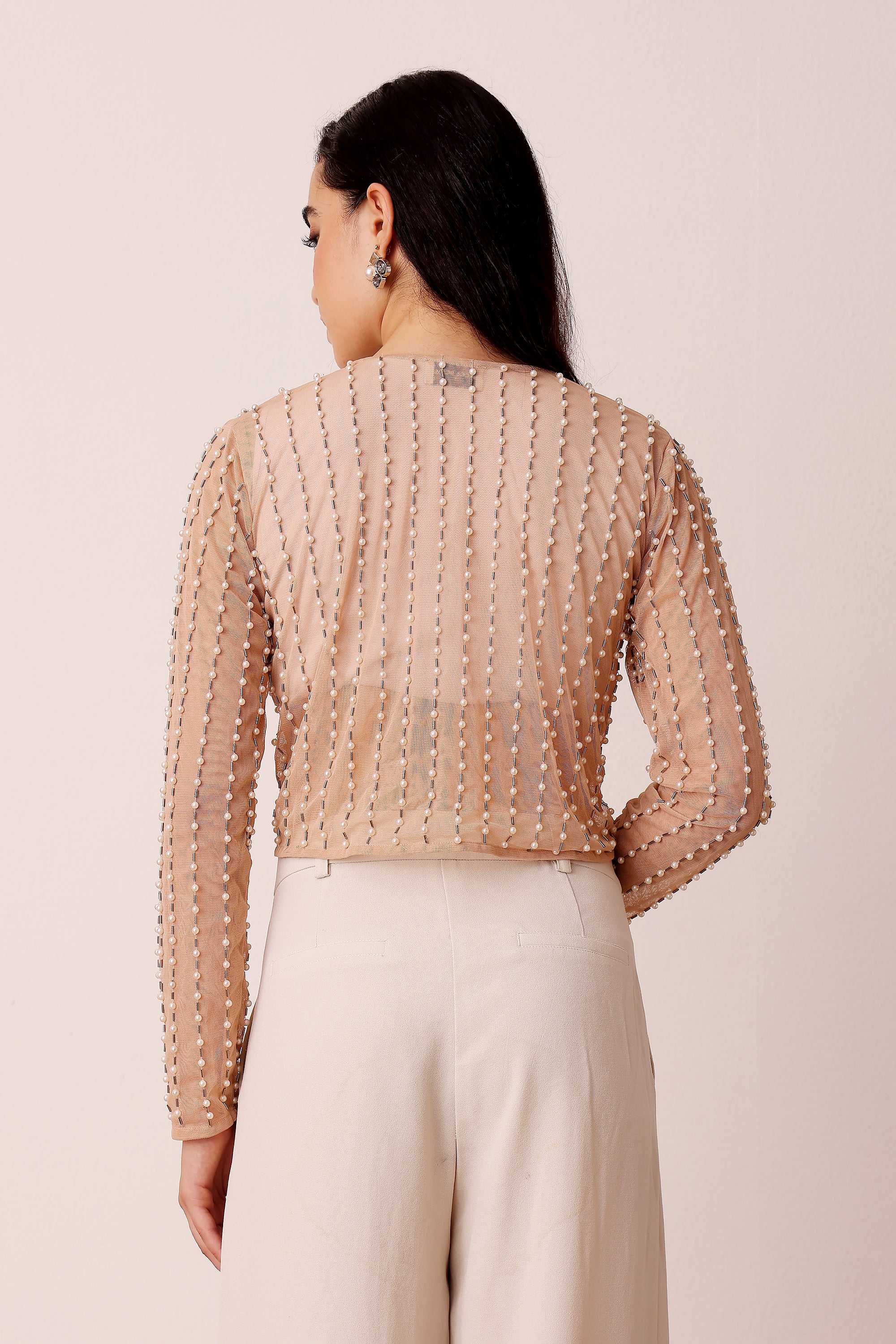 Pearl Embellished Sheer Cropped Jacket in Beige