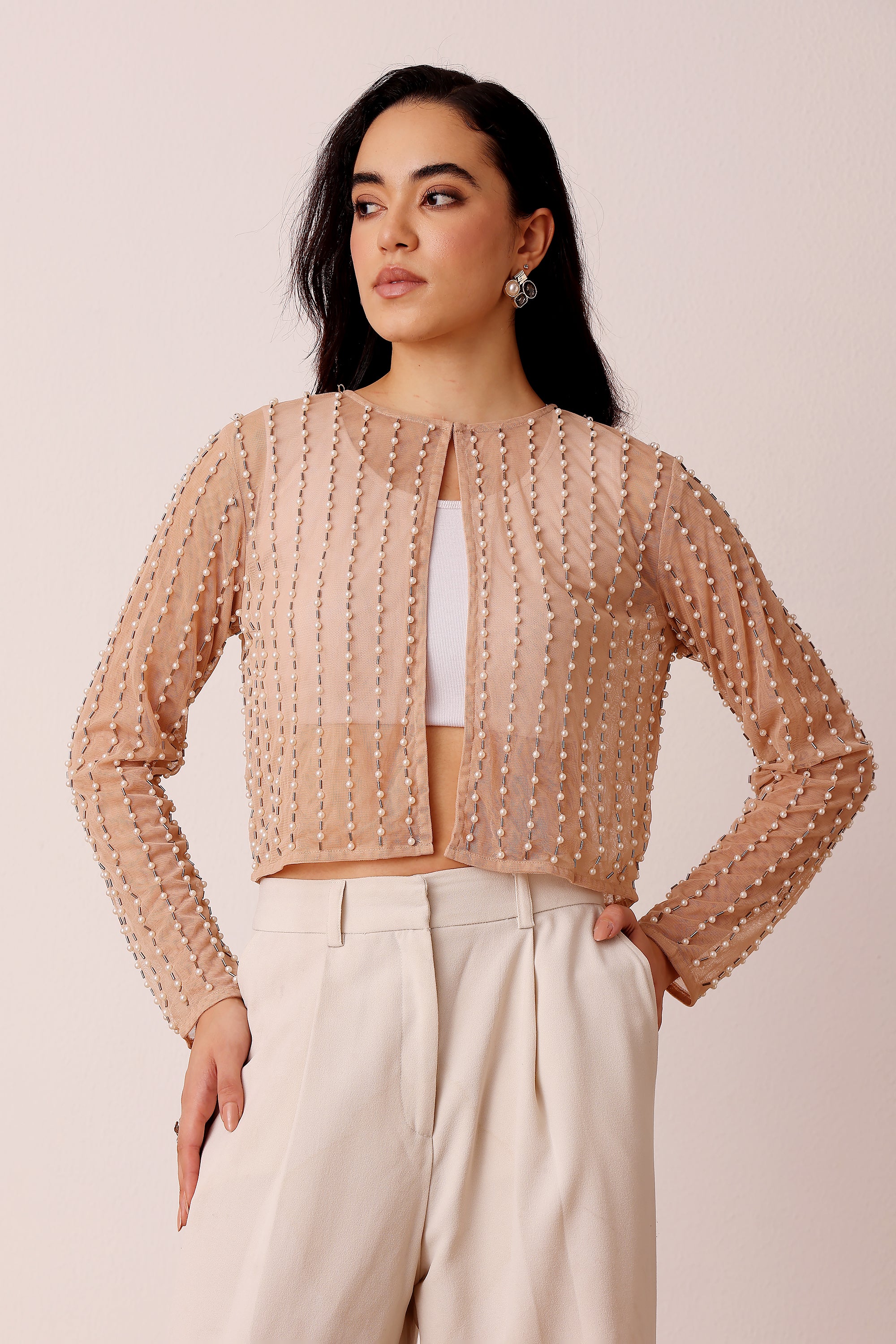 Pearl Embellished Sheer Cropped Jacket in Beige