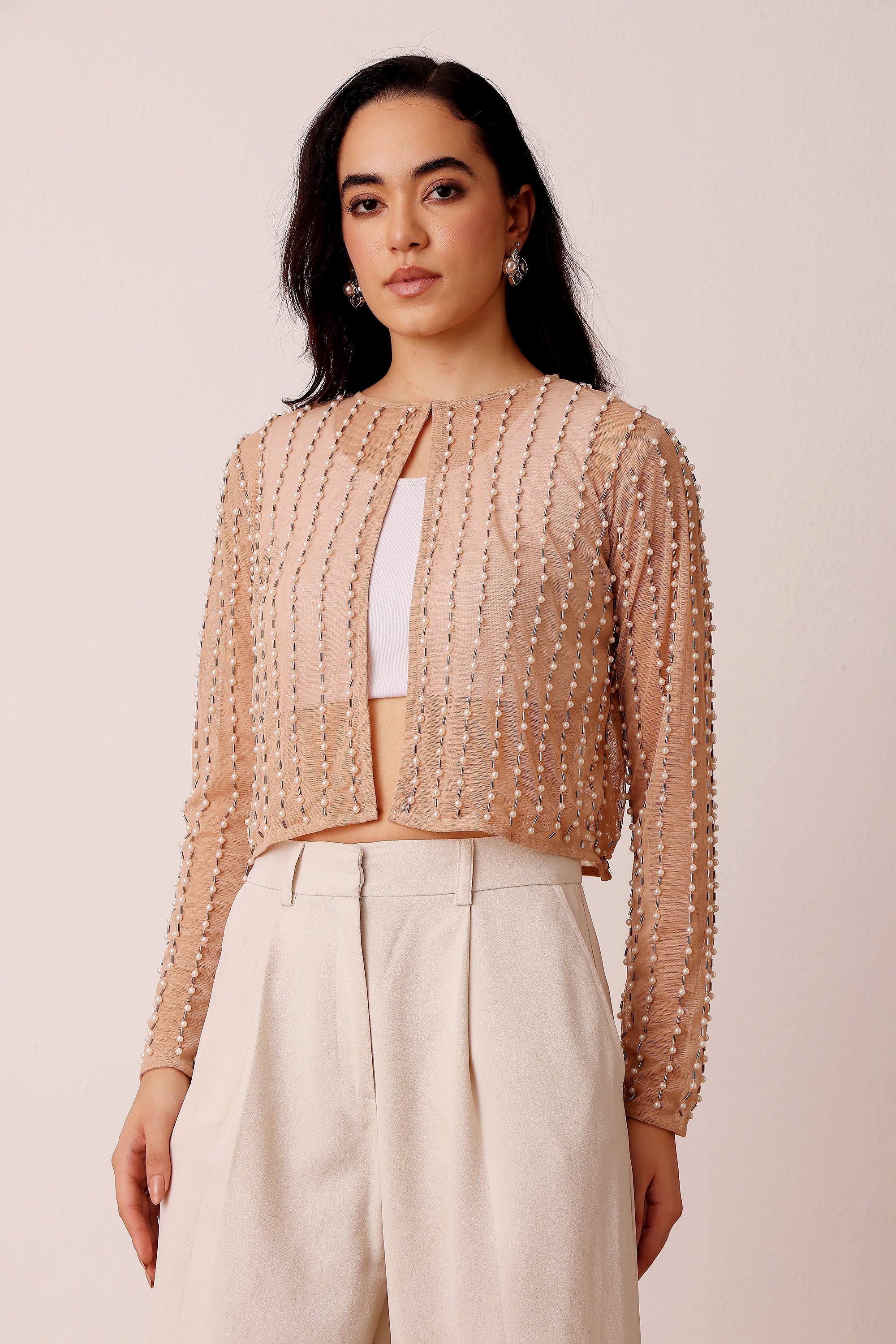 Pearl Embellished Sheer Mesh Long Sleeve Jacket in Beige Nude Tan Coverup