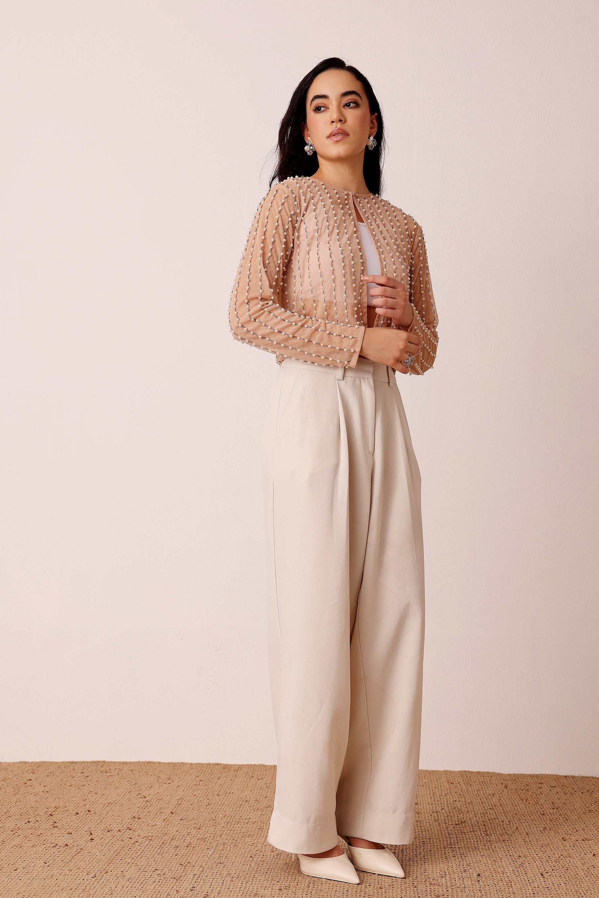 Pearl Embellished Sheer Cropped Jacket in Beige