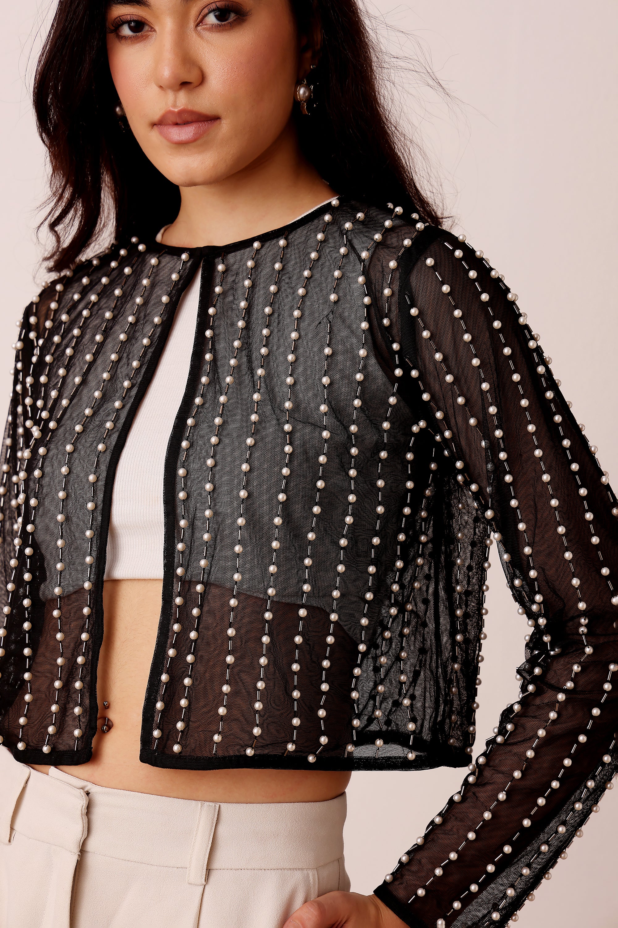 Pearl Embellished Sheer Cropped Jacket in Black