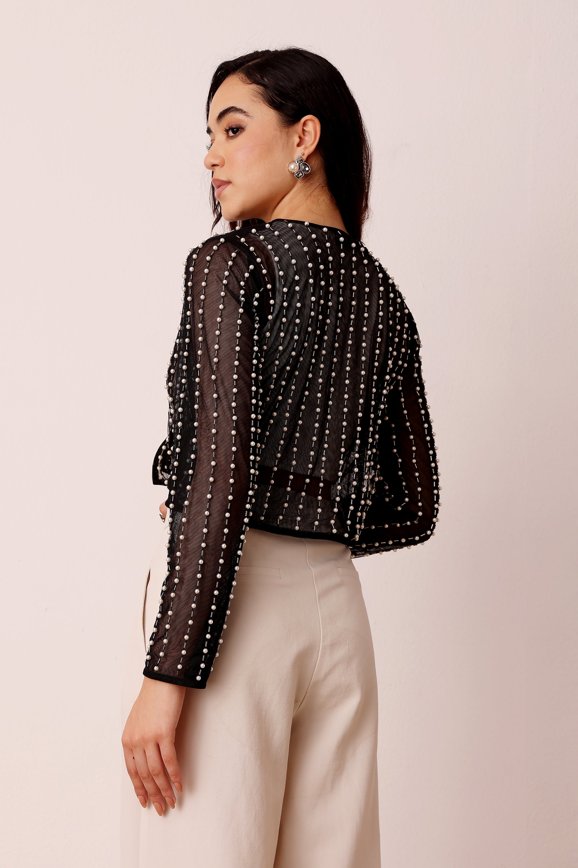 Pearl Embellished Sheer Cropped Jacket in Black