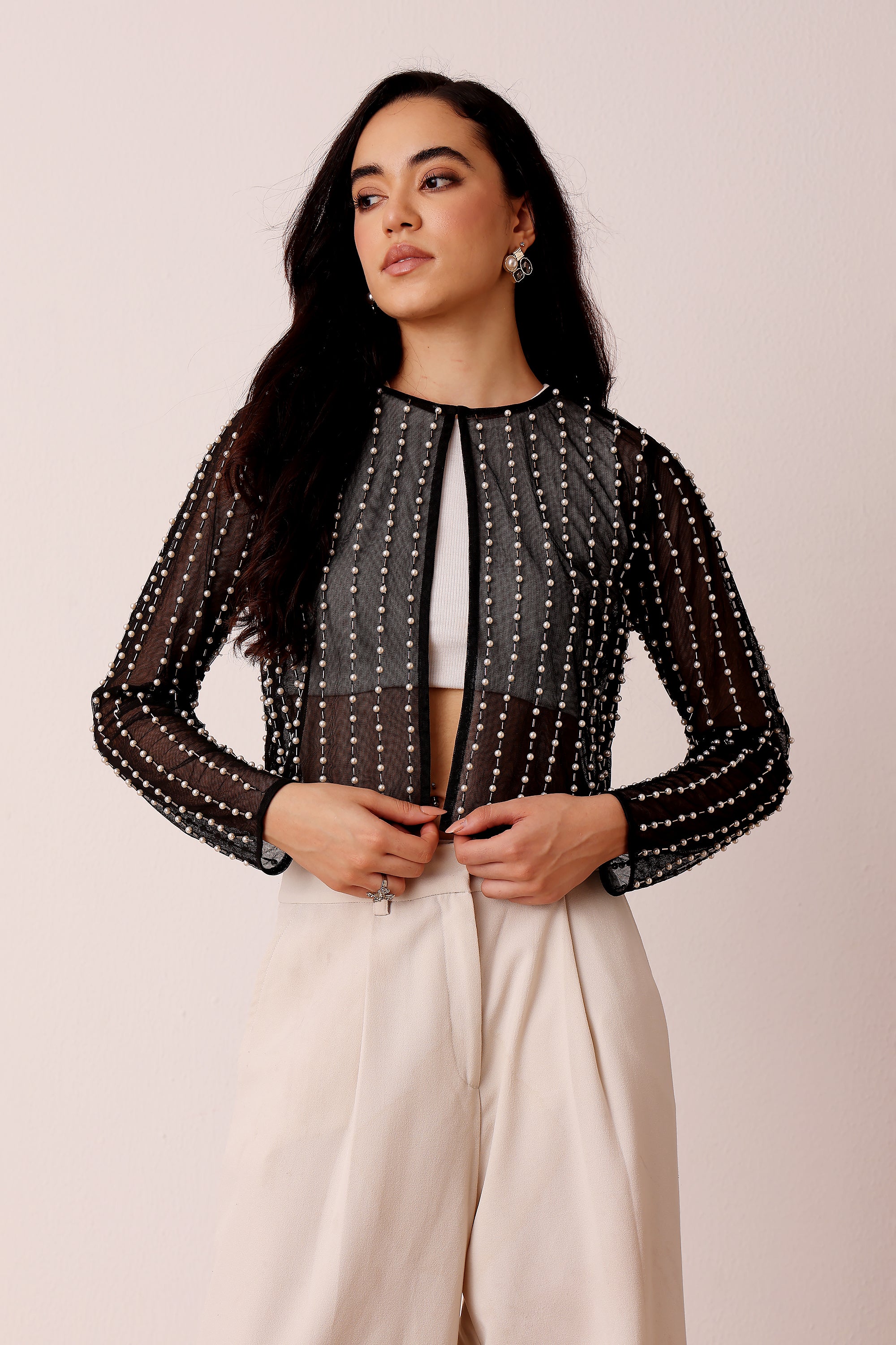 Pearl Embellished Sheer Mesh Long Sleeve Jacket in Black Coverup