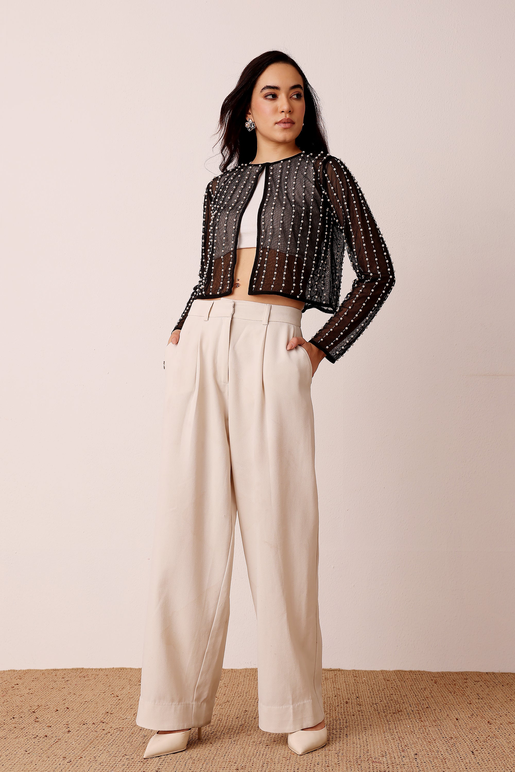 Pearl Embellished Sheer Cropped Jacket in Black