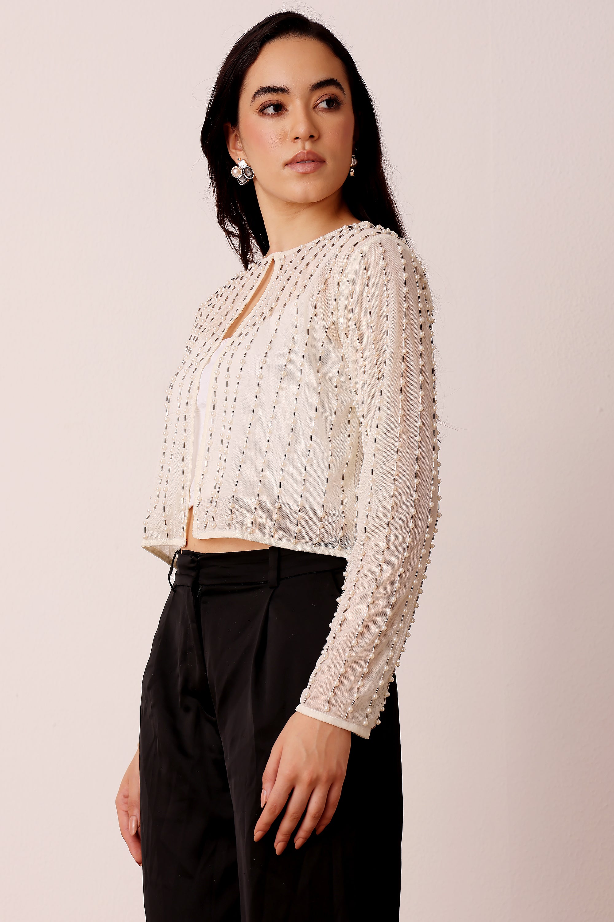 Pearl Embellished Sheer Cropped Jacket in Ivory