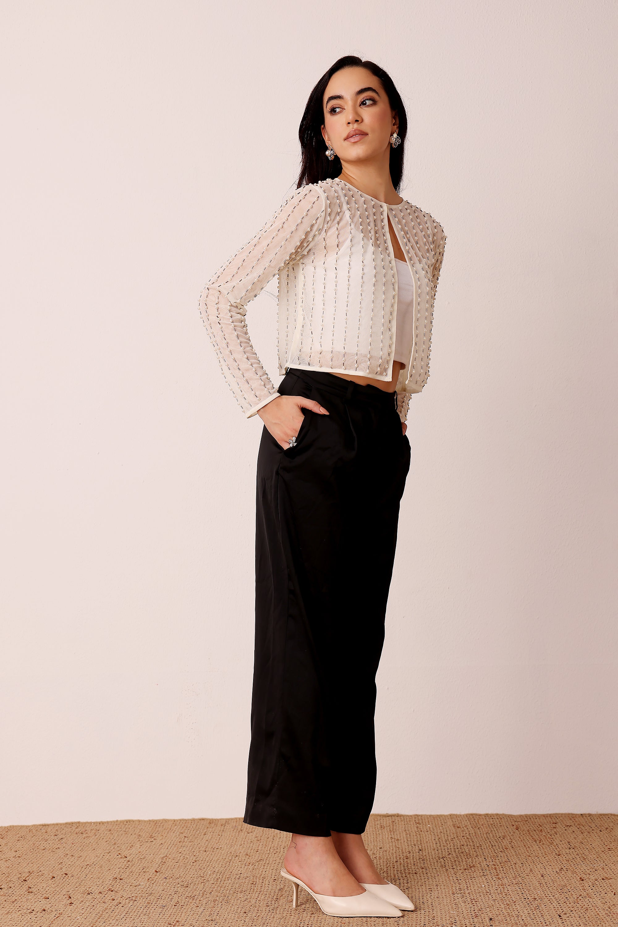 Pearl Embellished Sheer Cropped Jacket in Ivory