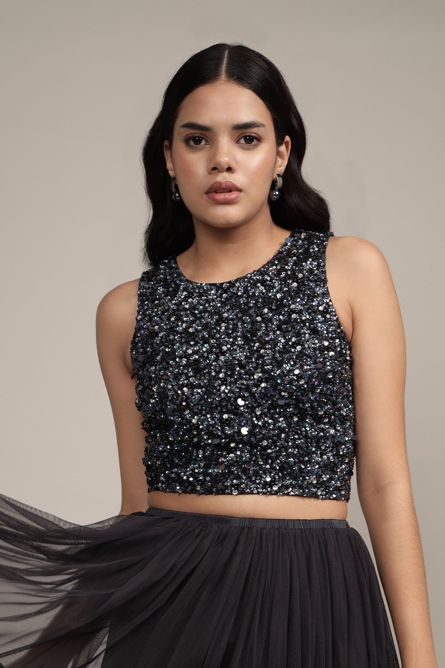 Picasso Black Beaded Top With Iridescent Sequins