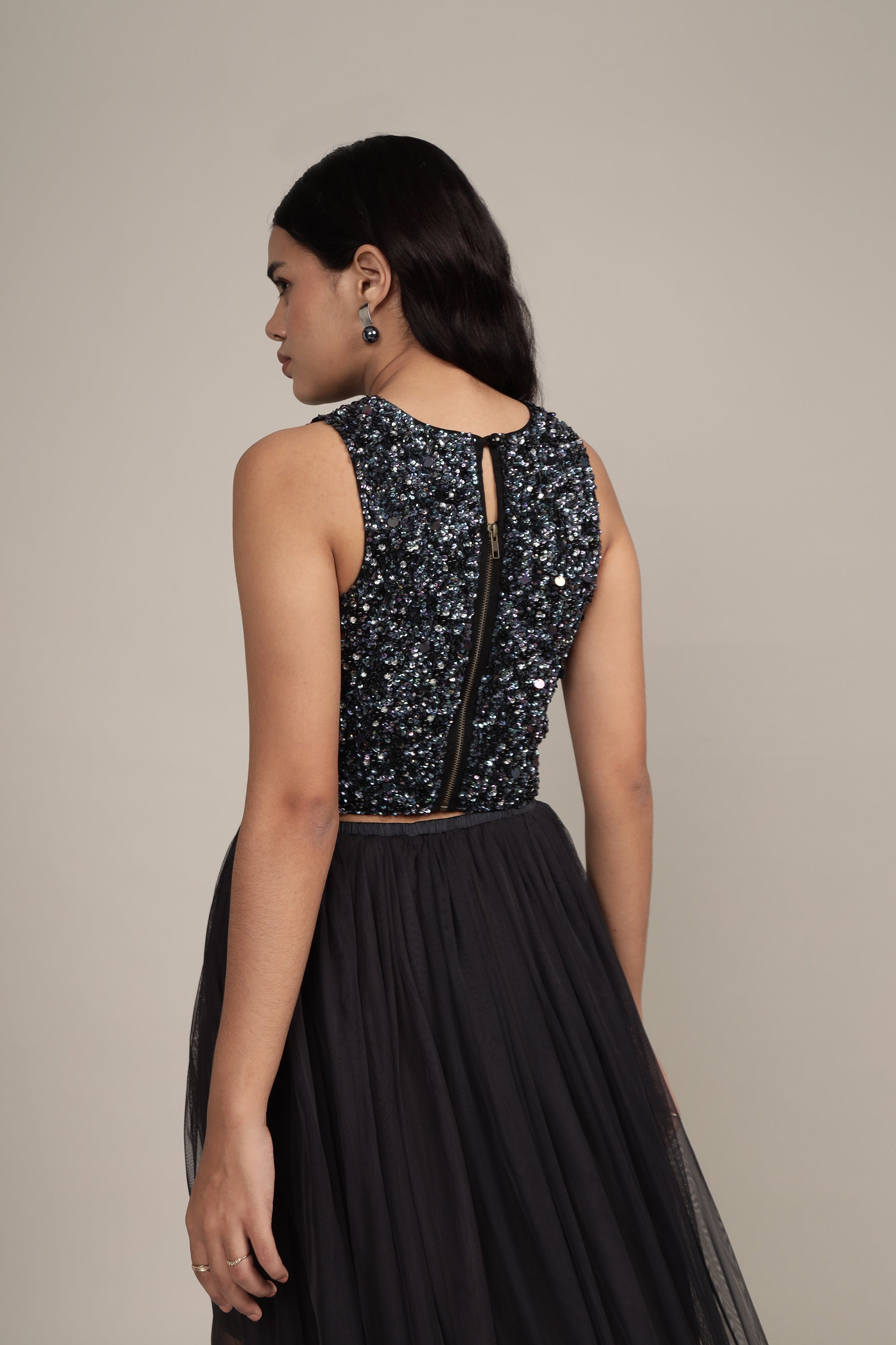 Picasso Black Beaded Top With Iridescent Sequins