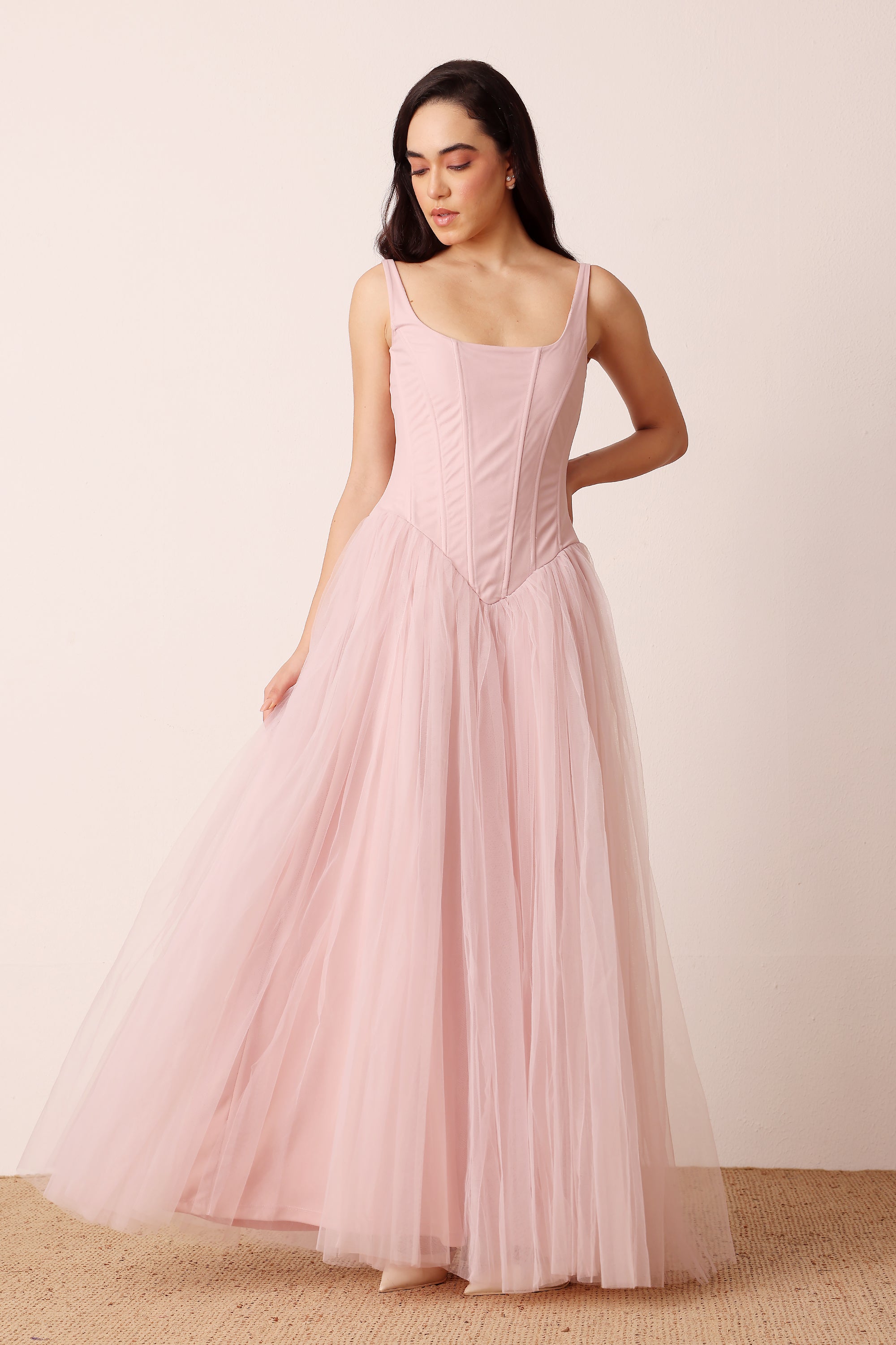 Corset style tulle skirt strappy powder pink wedding guest party maxi dress