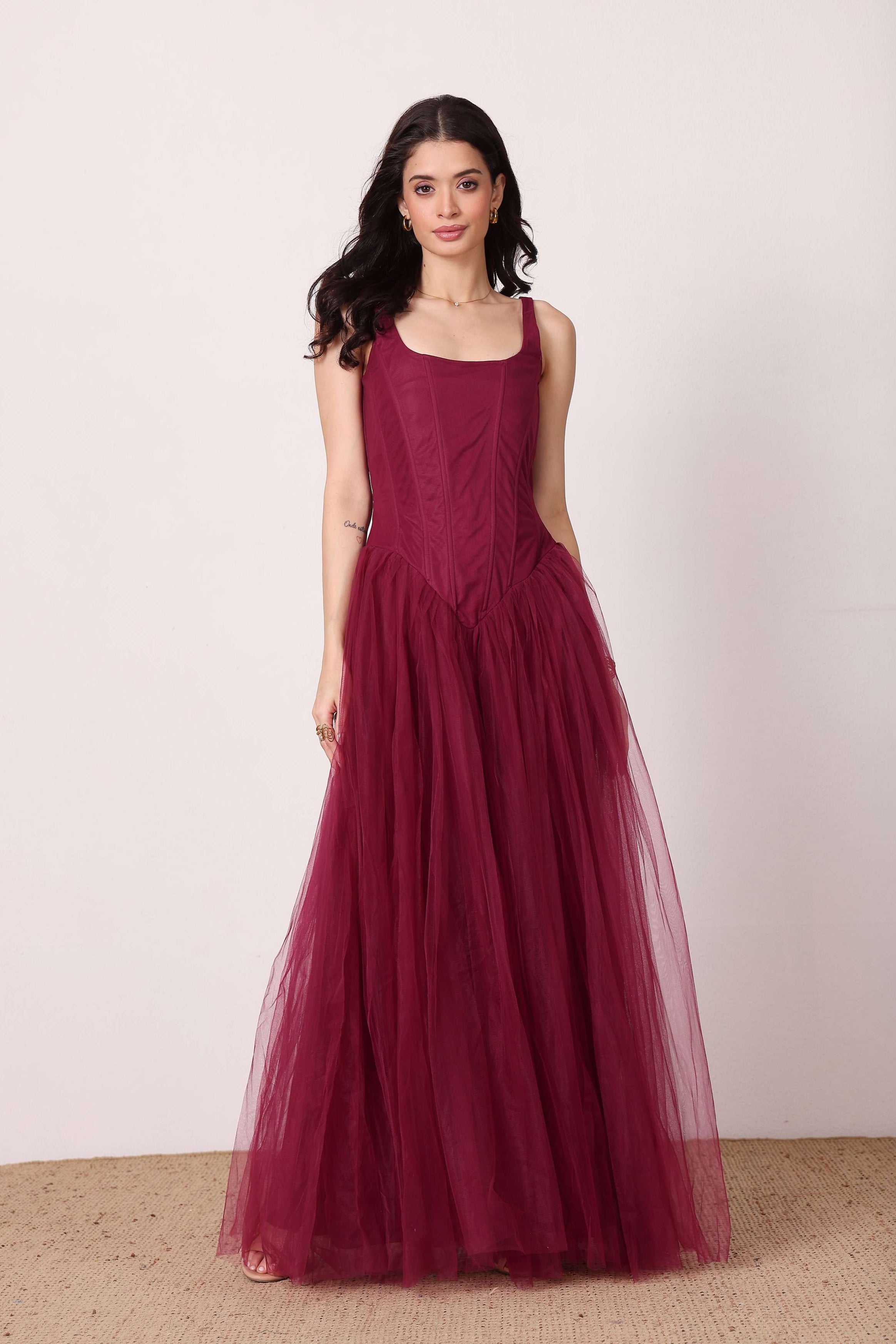 Corset style purple fig maxi dress tulle mesh