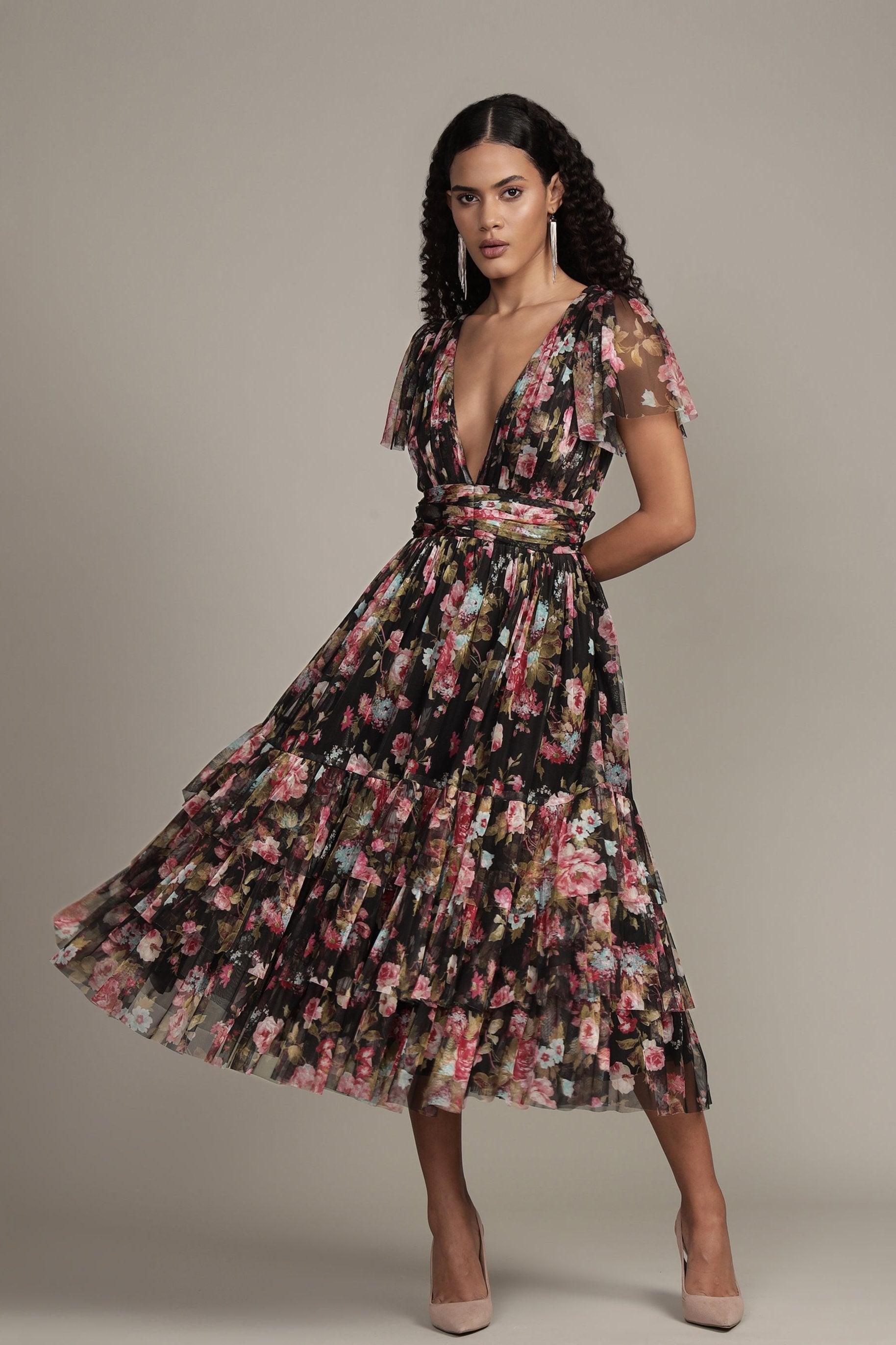 Madison Black Floral Tulle Midi Dress Lace & Beads Madison Black Floral Tulle Midi Dress Lace & Beads
