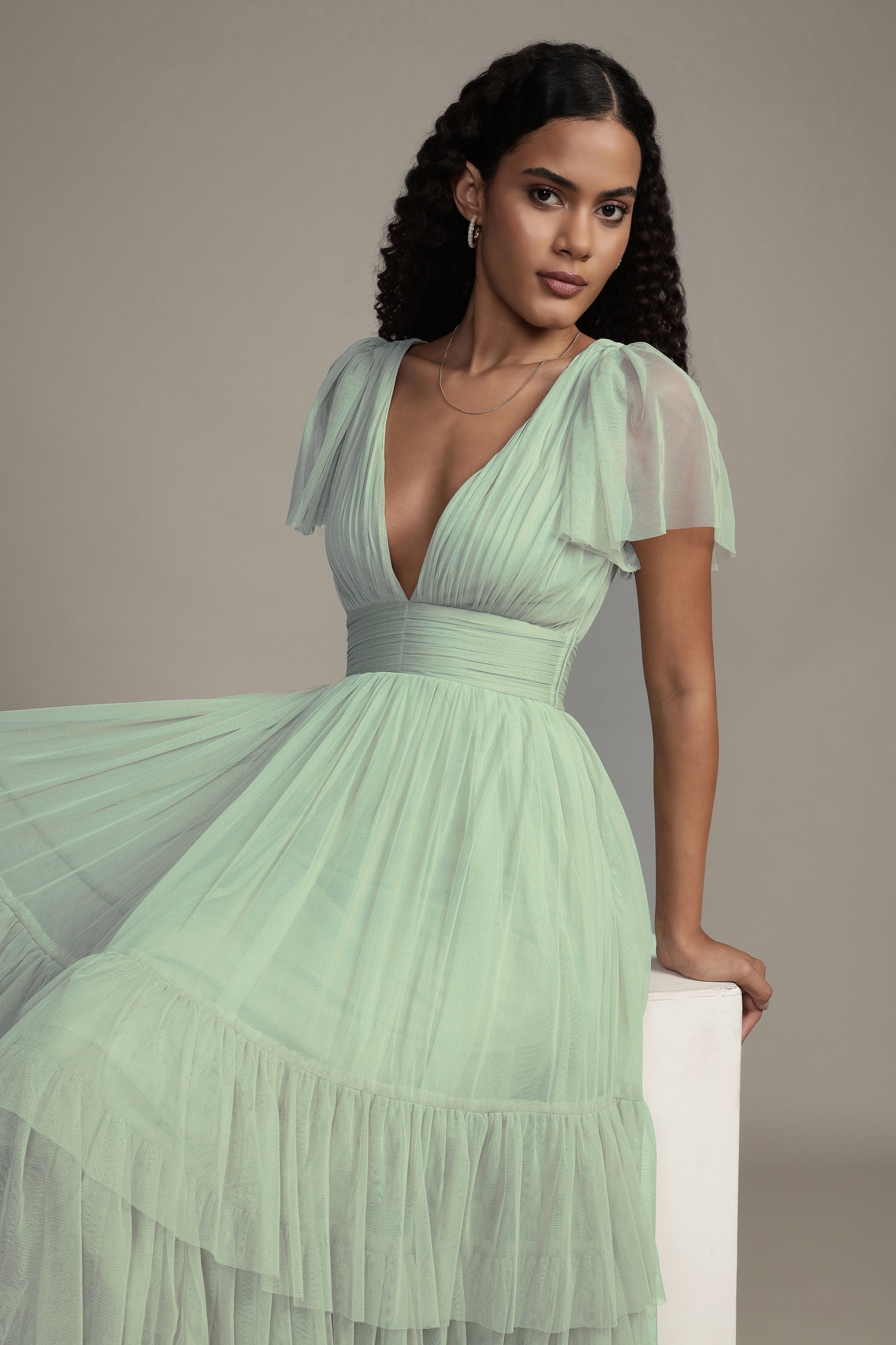 Madison Sage Green Tulle Bridesmaid Midi Dress - Main Image