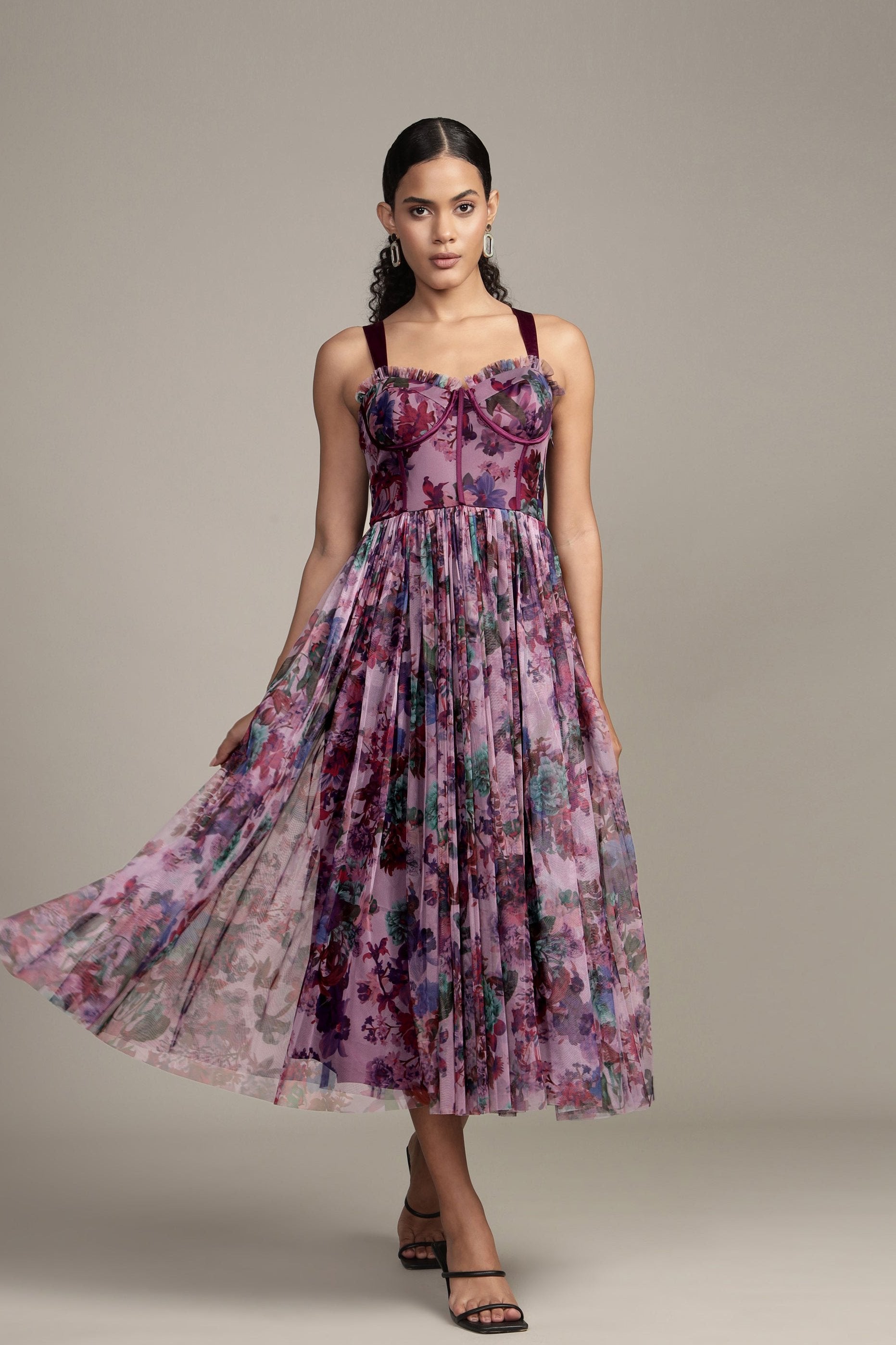 Corset tulle purple floral midi dress satin straps