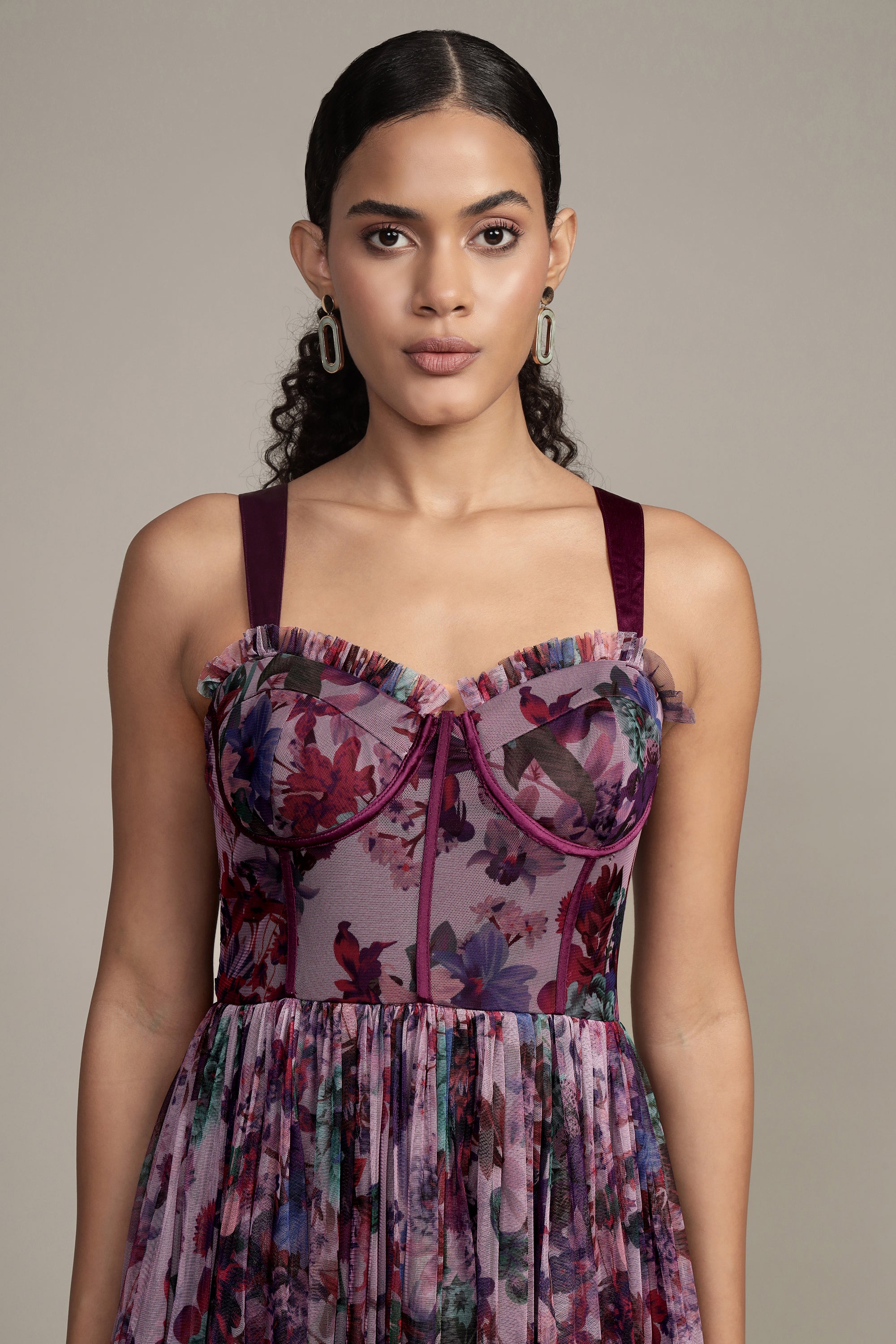 Dane Purple Print Corset Midi Dress