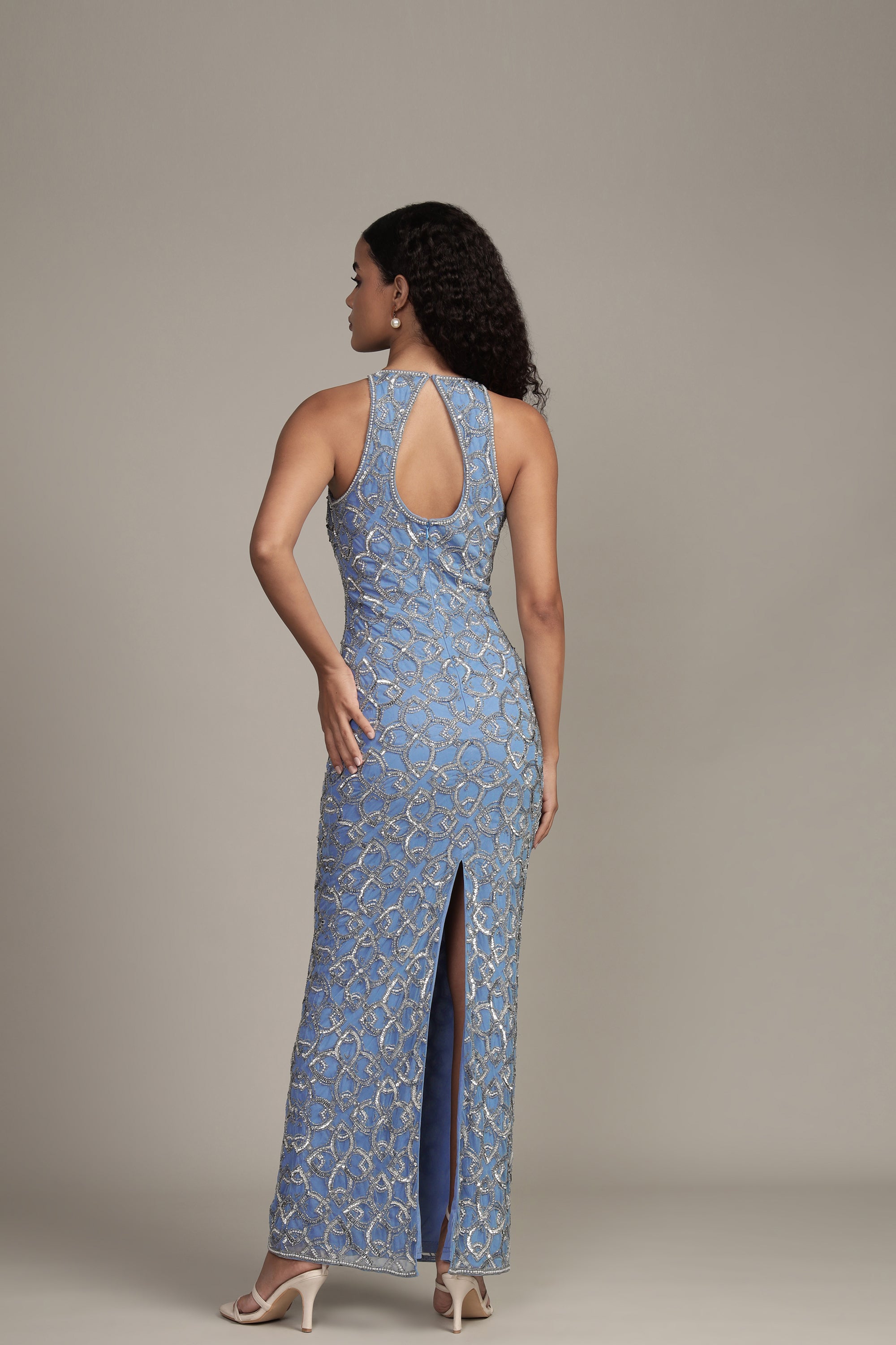Maddox Embellished Maxi Dress in Powder Blue
