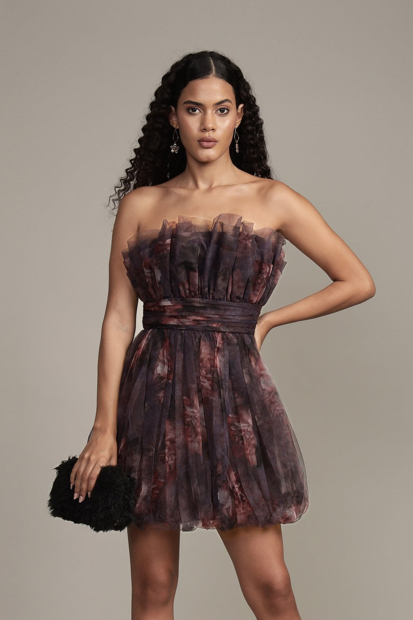 Strapless tulle purple floral mini dress balloon hem
