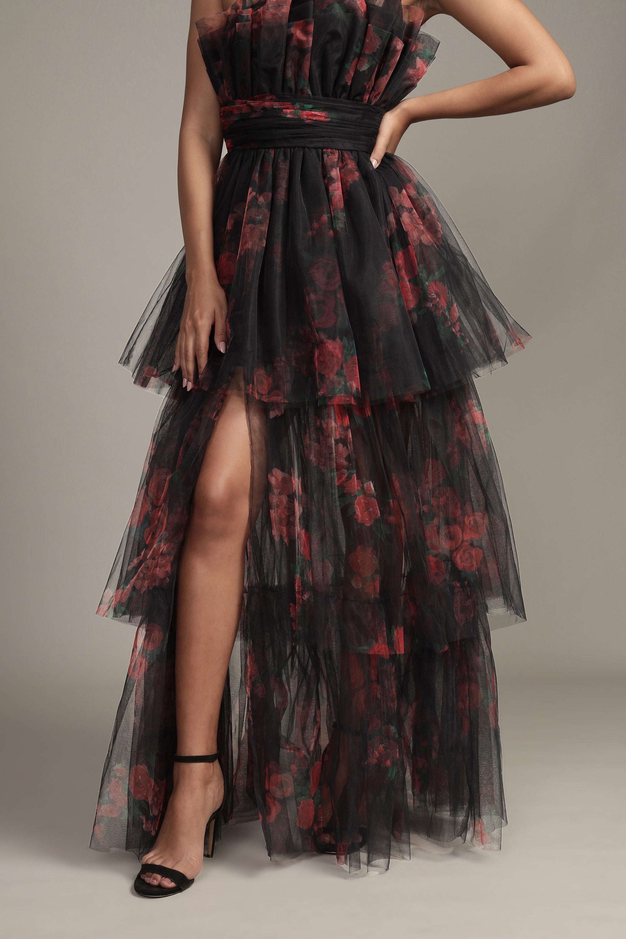 Natalia Tulle Maxi Dress in Black and Red Floral
