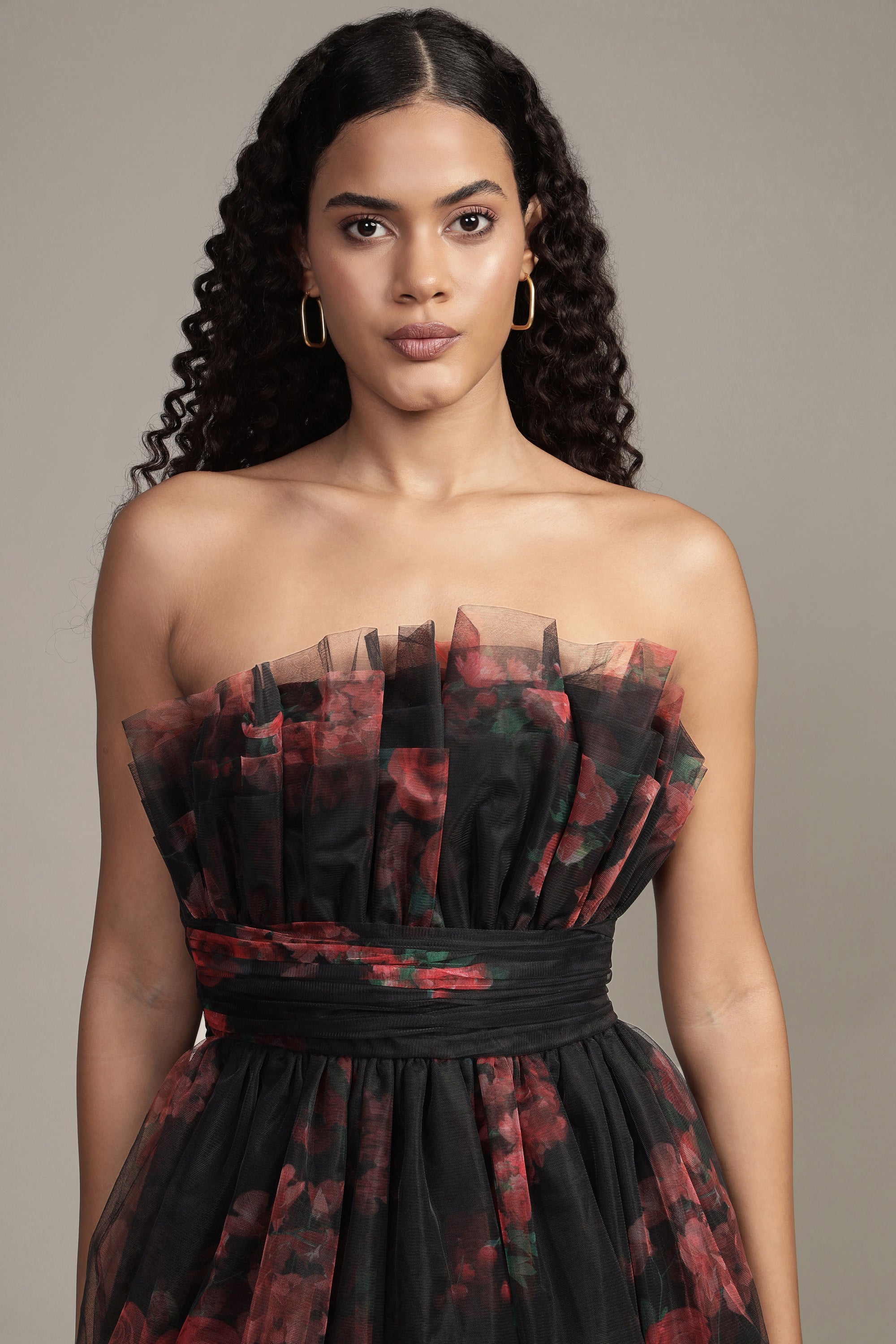 Natalia Tulle Maxi Dress in Black and Red Floral