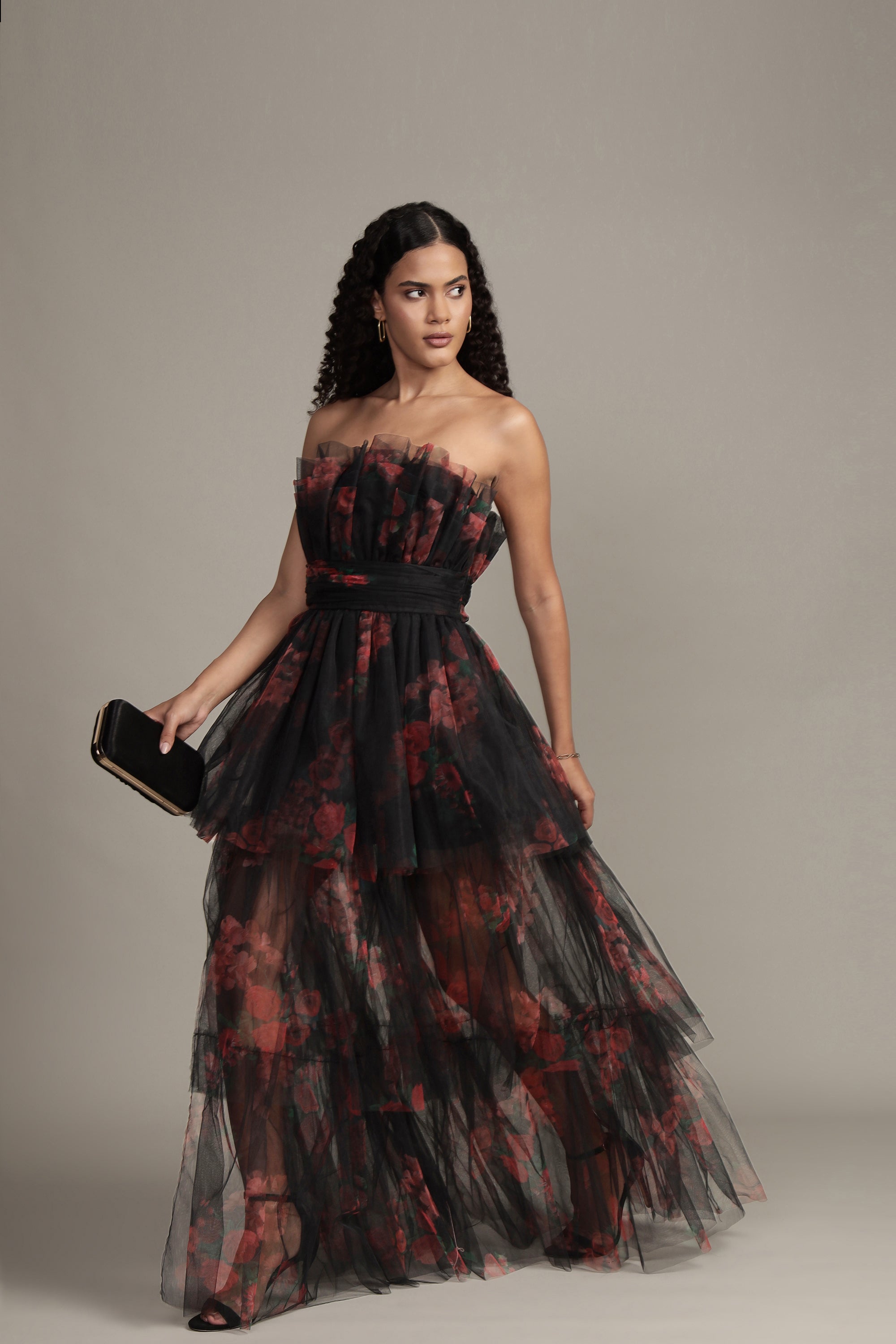 Natalia Tulle Maxi Dress in Black and Red Floral