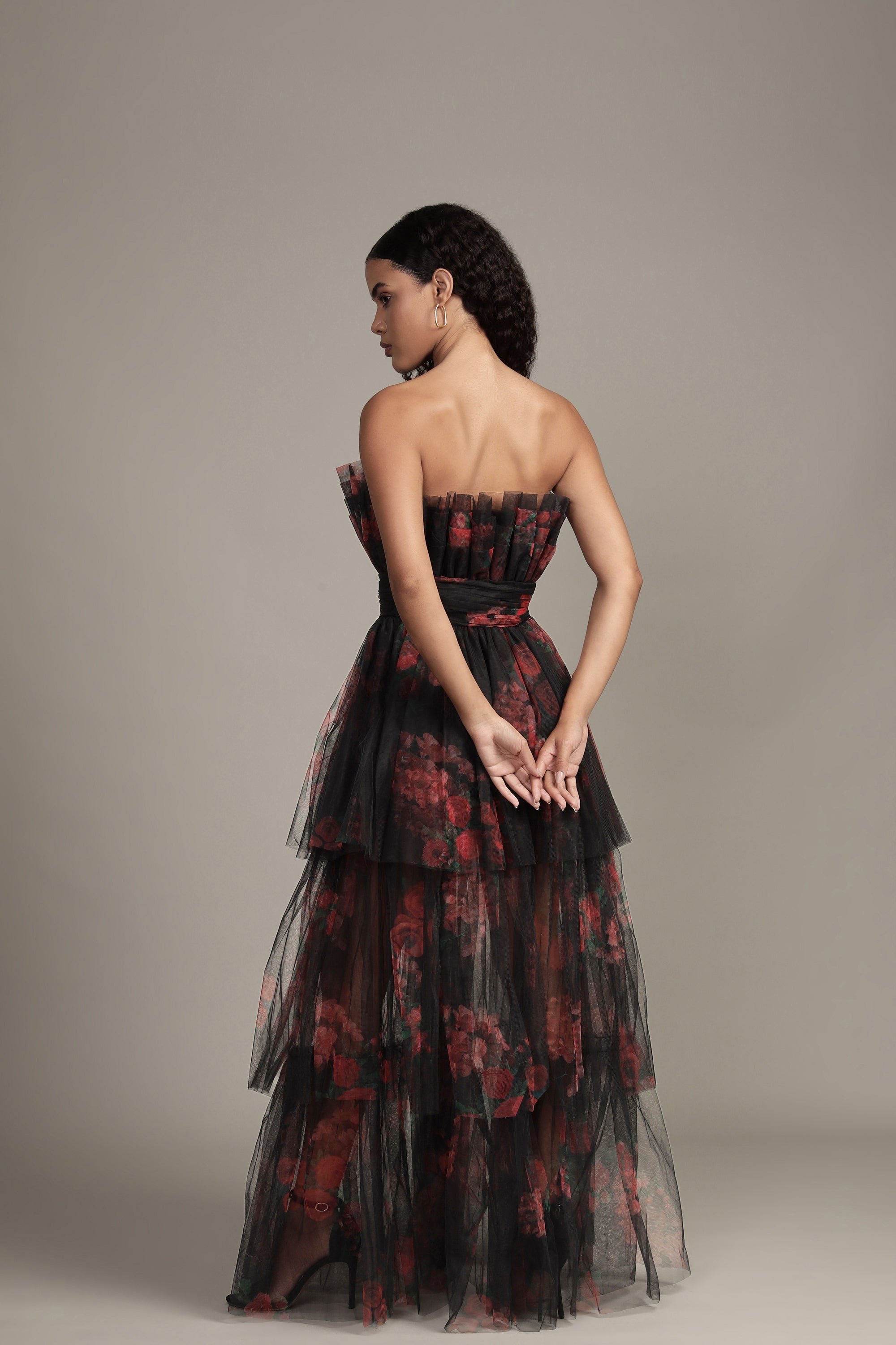 Natalia Tulle Maxi Dress in Black and Red Floral